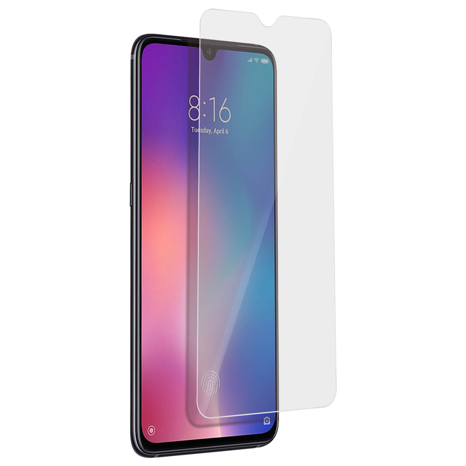 Un telefono nero con una protezione schermo. Lo schermo mostra l'ora e le app.