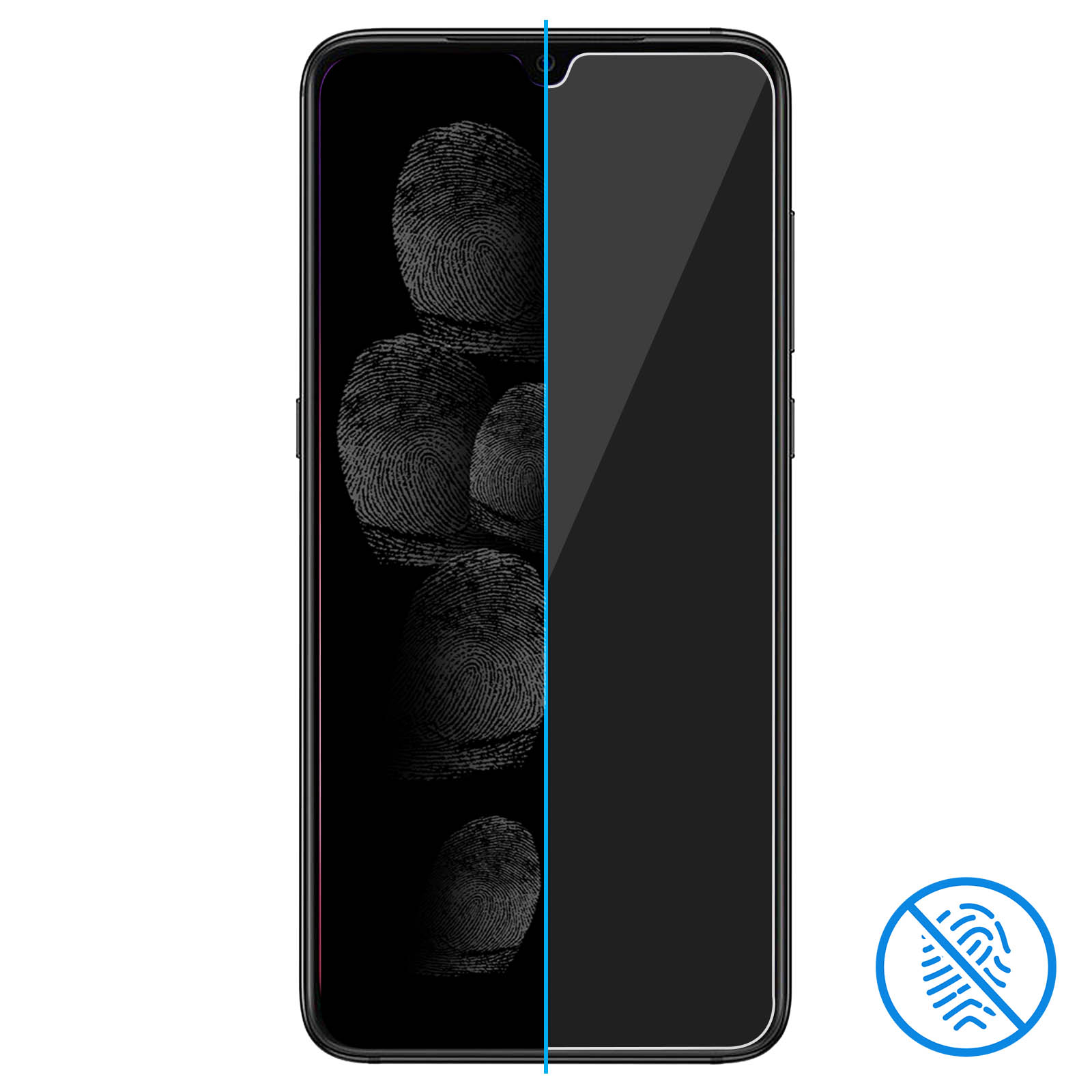Smartphone con protezione schermo applicata, che mostra impronte digitali su un lato.