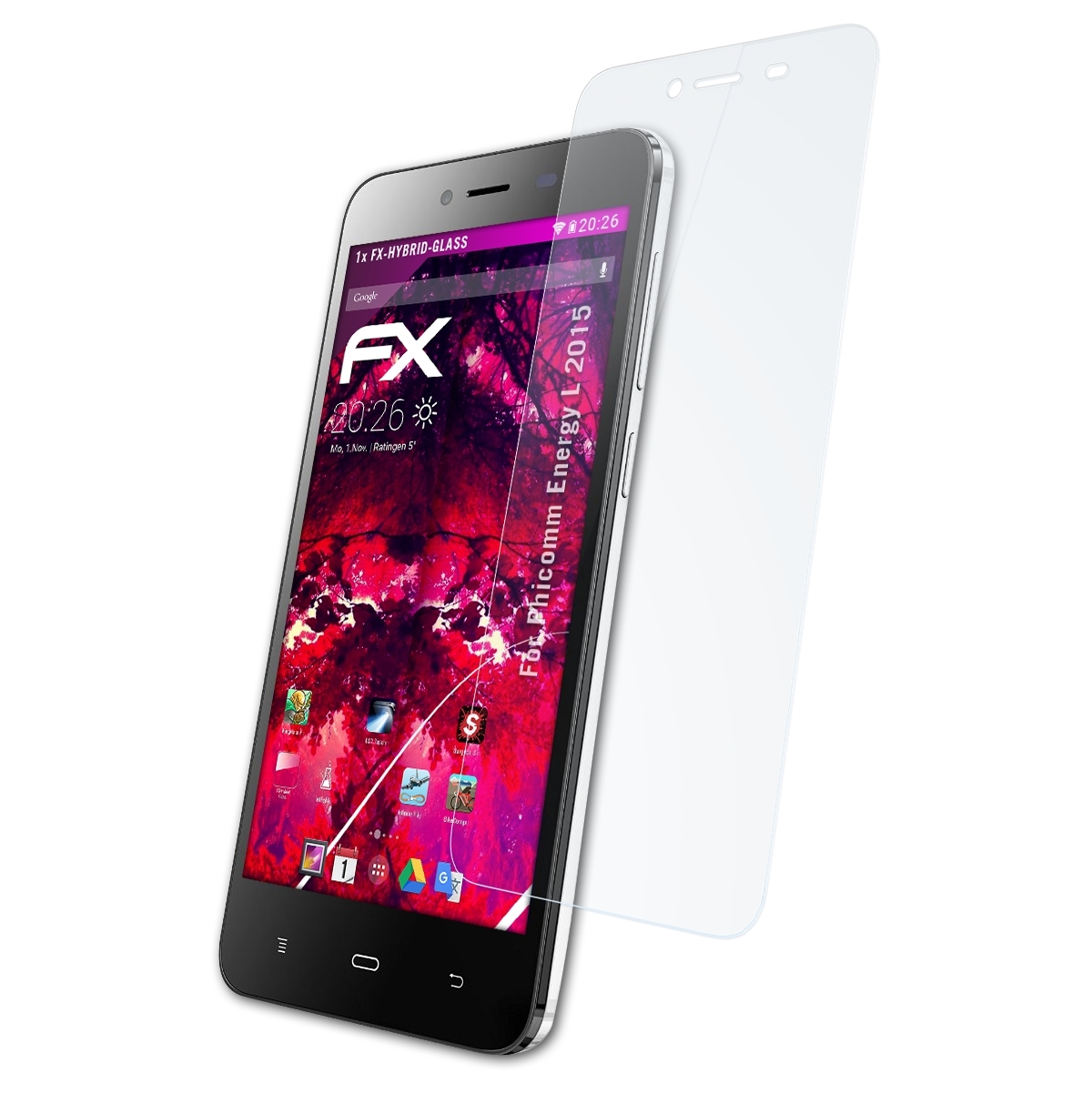 Schwarzes Telefon mit Displayschutz. Bildschirm zeigt Zeit und Symbole.