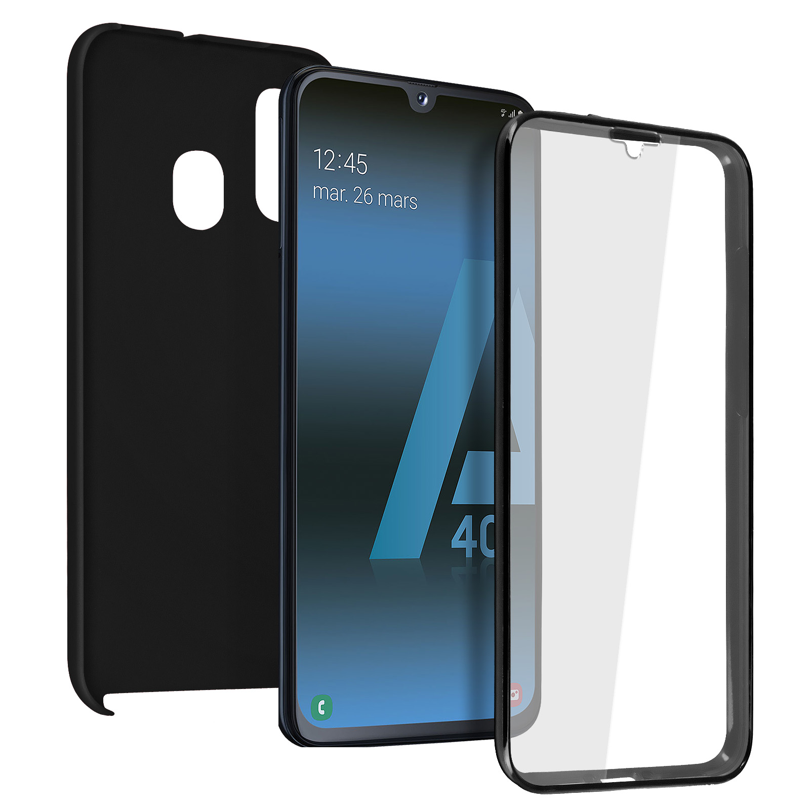 Un téléphone avec un protecteur d'écran et une coque. La coque est noire et le téléphone est allumé.