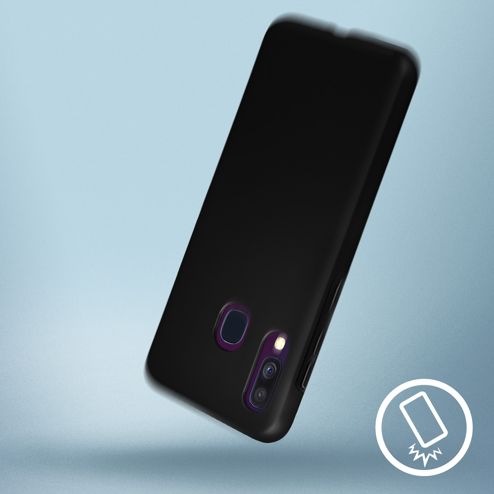Une coque de téléphone verte avec un cache caméra coulissant. La coque est sur une surface rugueuse. Il y a un schéma dans le coin.