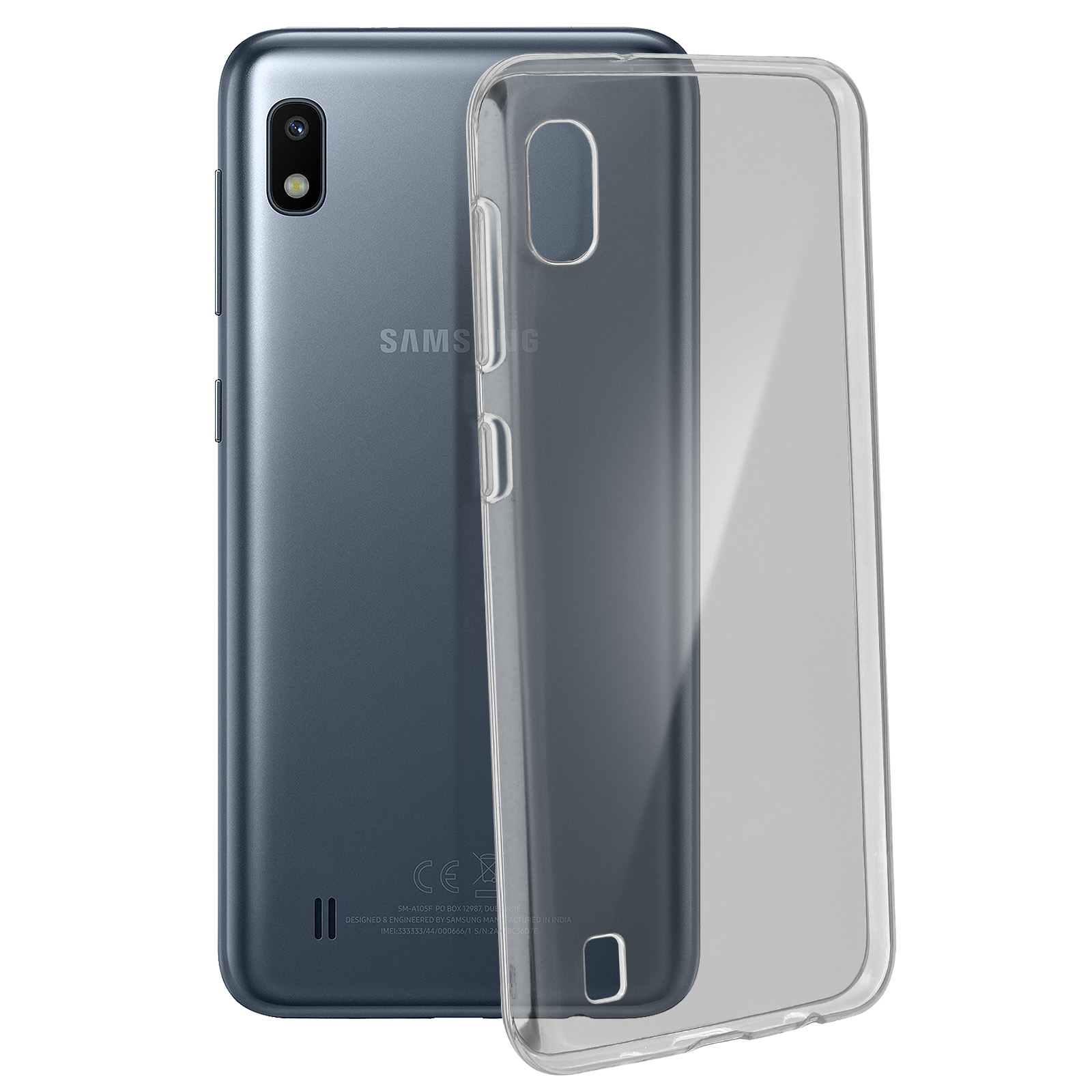 Telefono Samsung blu con custodia trasparente su superficie bianca, mostra il retro del telefono.