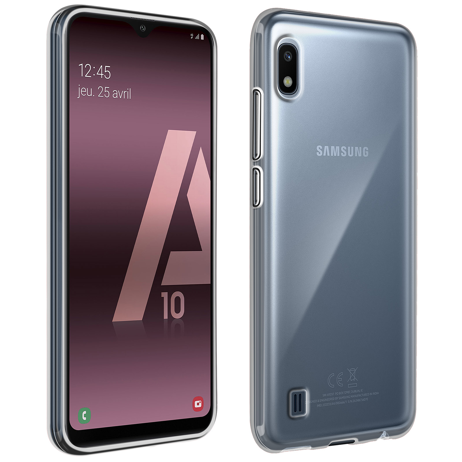 Un telefono Samsung è mostrato in una custodia trasparente. Lo schermo mostra l'ora e la data. La parte posteriore ha un logo.