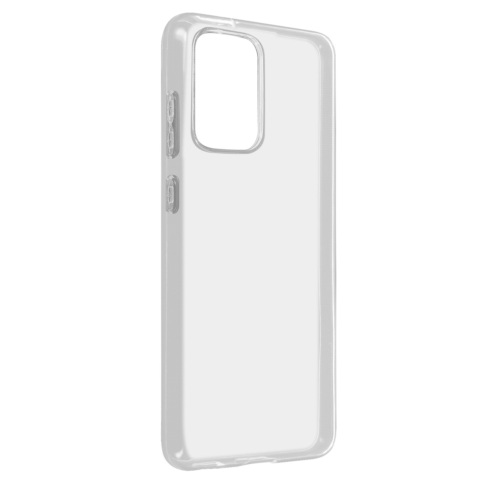 Custodia trasparente per telefono, vista laterale, con fori per pulsanti e apertura per fotocamera, sfondo bianco.