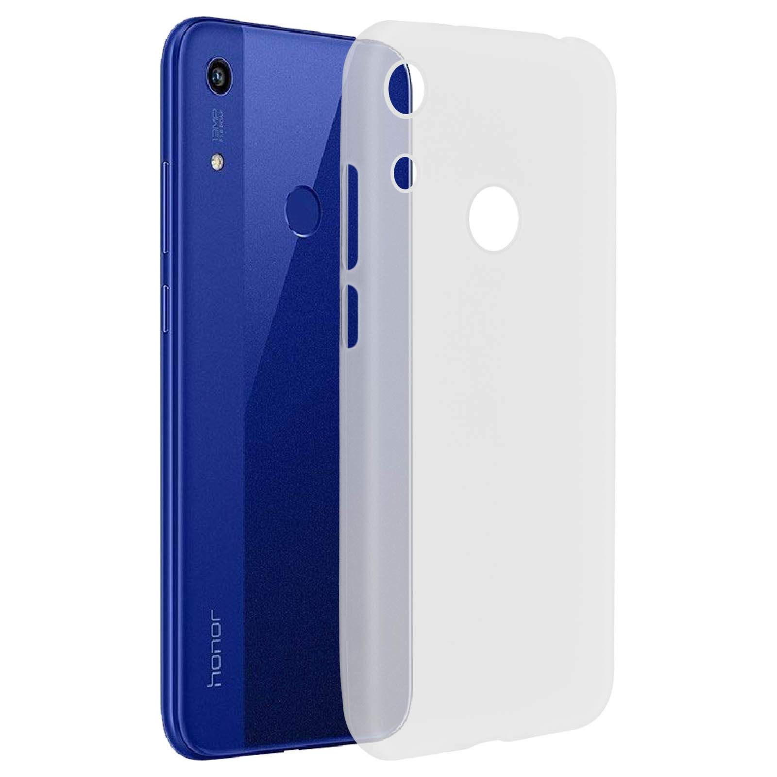 Un telefono blu con una custodia bianca accanto. La custodia è leggermente trasparente.