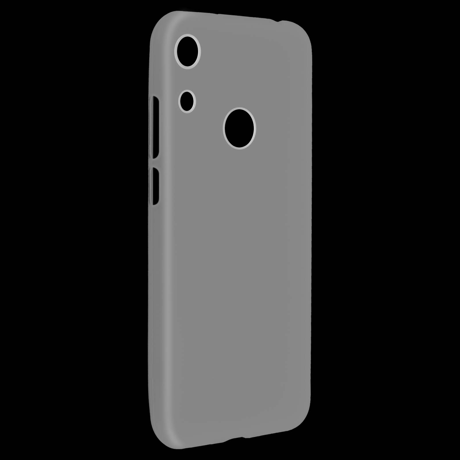 Custodia grigia per telefono con fori per fotocamera e pulsanti, su sfondo nero.