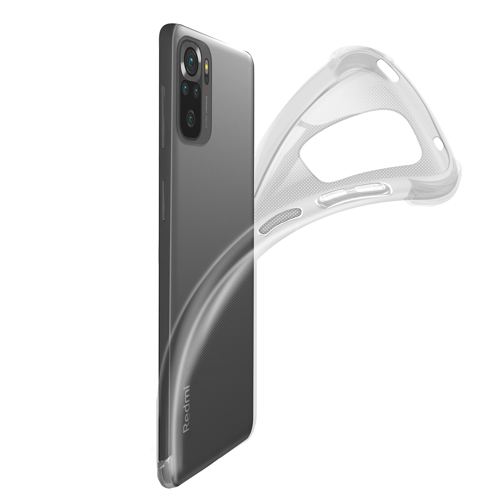 Telefono nero e grigio con custodia trasparente, vista angolata.