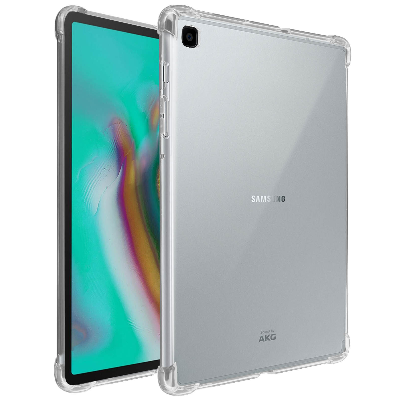 Ein Tablet in einer transparenten Hülle, das auf einer Oberfläche liegt.