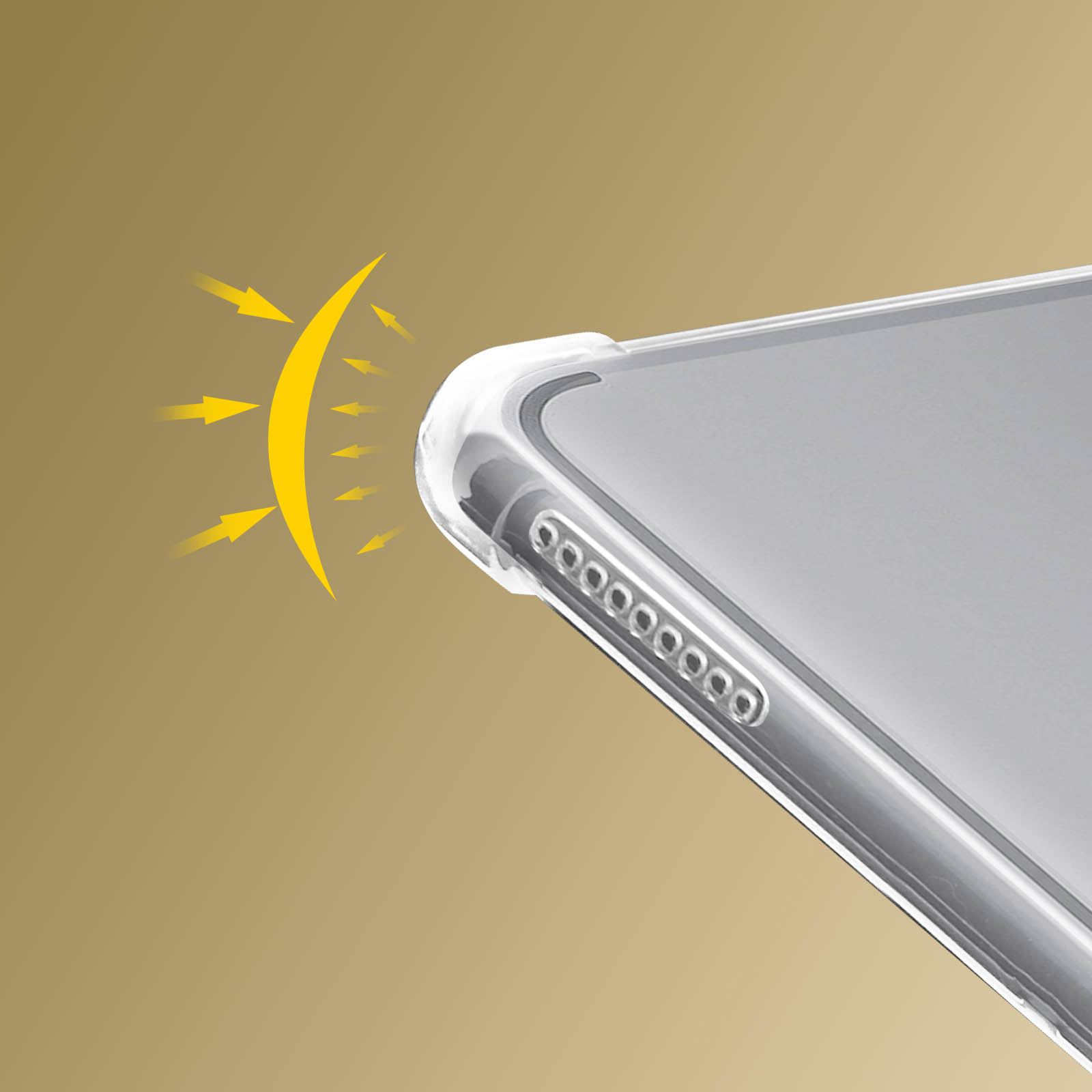 Nahaufnahme einer Telefontaschenecke. Die Hülle ist transparent und abgewinkelt, mit gelbem Sonneffekt.