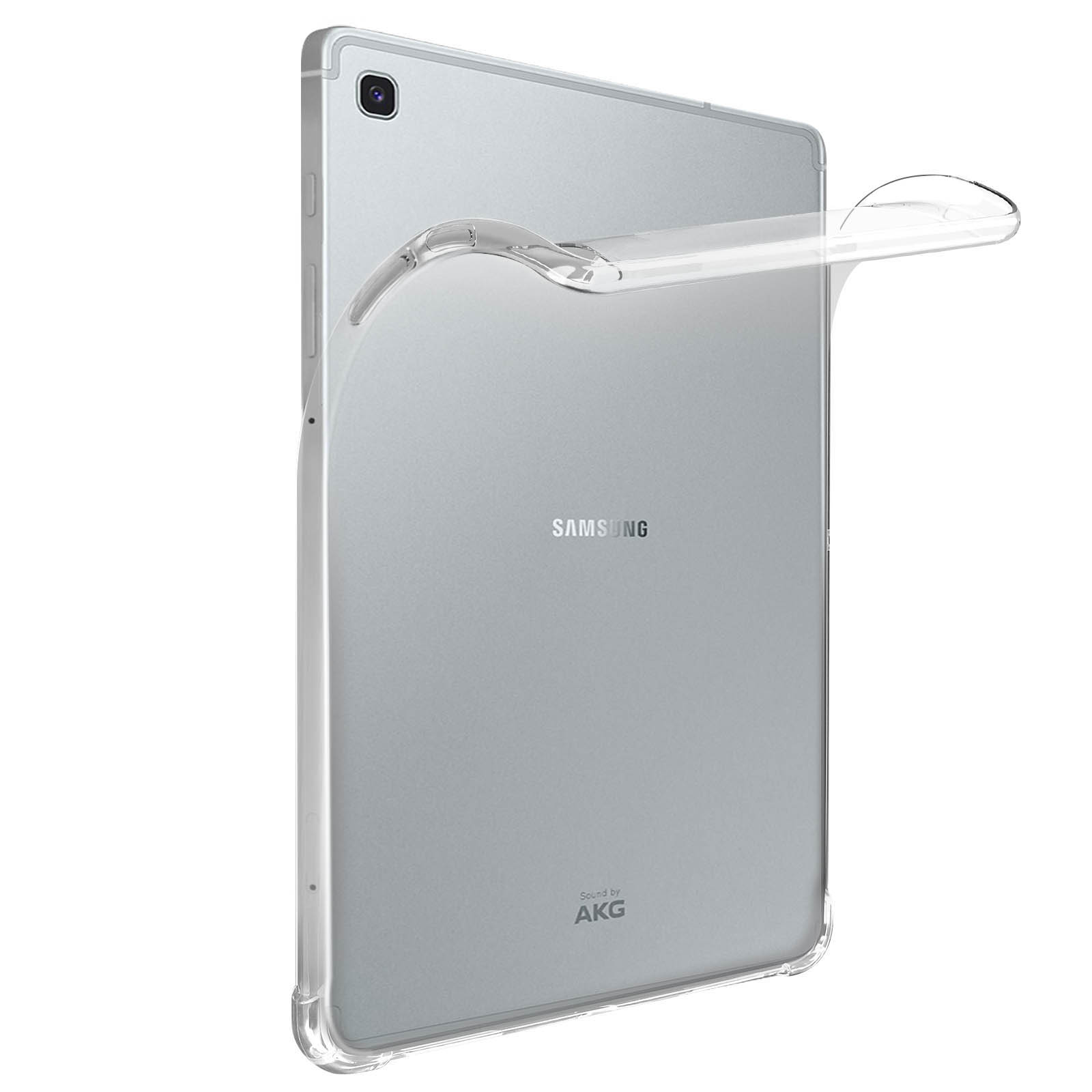 Eine transparente Tablethülle liegt über einem silbernen Tablet. Das Tablet ist mit 'SAMSUNG' und 'Sound by AKG' beschriftet.