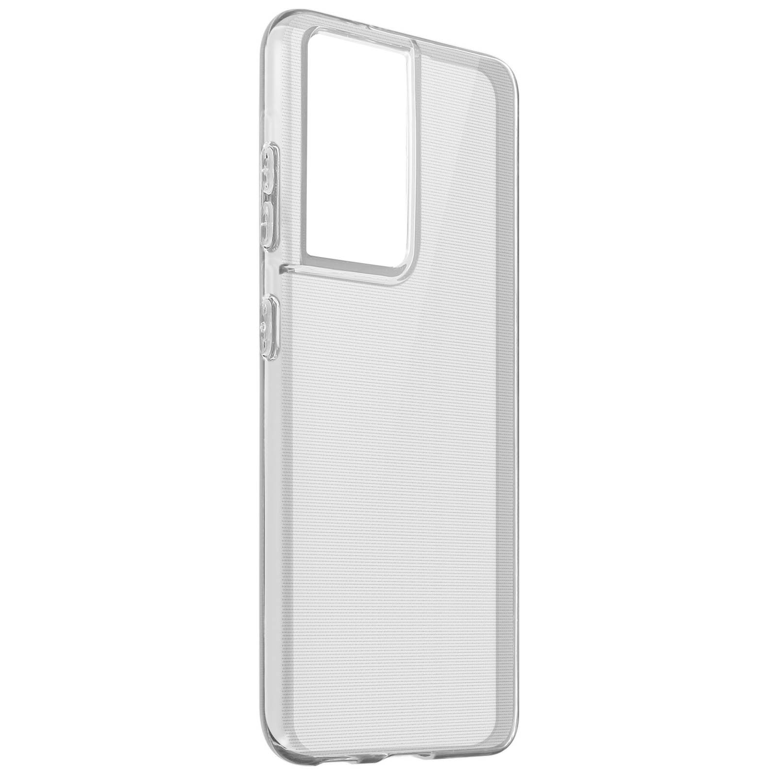 Coque de téléphone transparente. La coque est transparente et montre le côté du téléphone. Fond blanc.