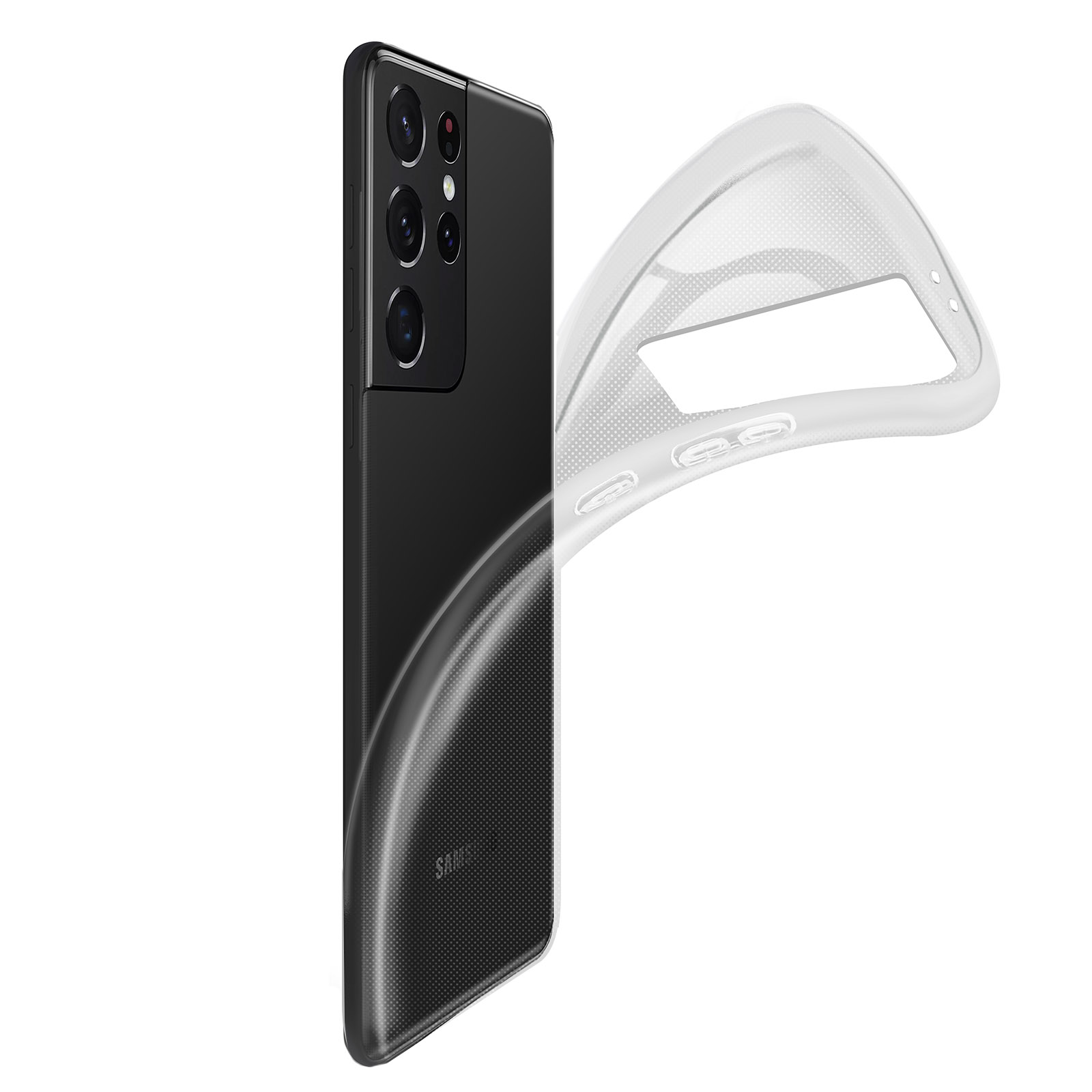 Een zwarte smartphone met een doorzichtige hoes wordt getoond tegen een witte achtergrond.