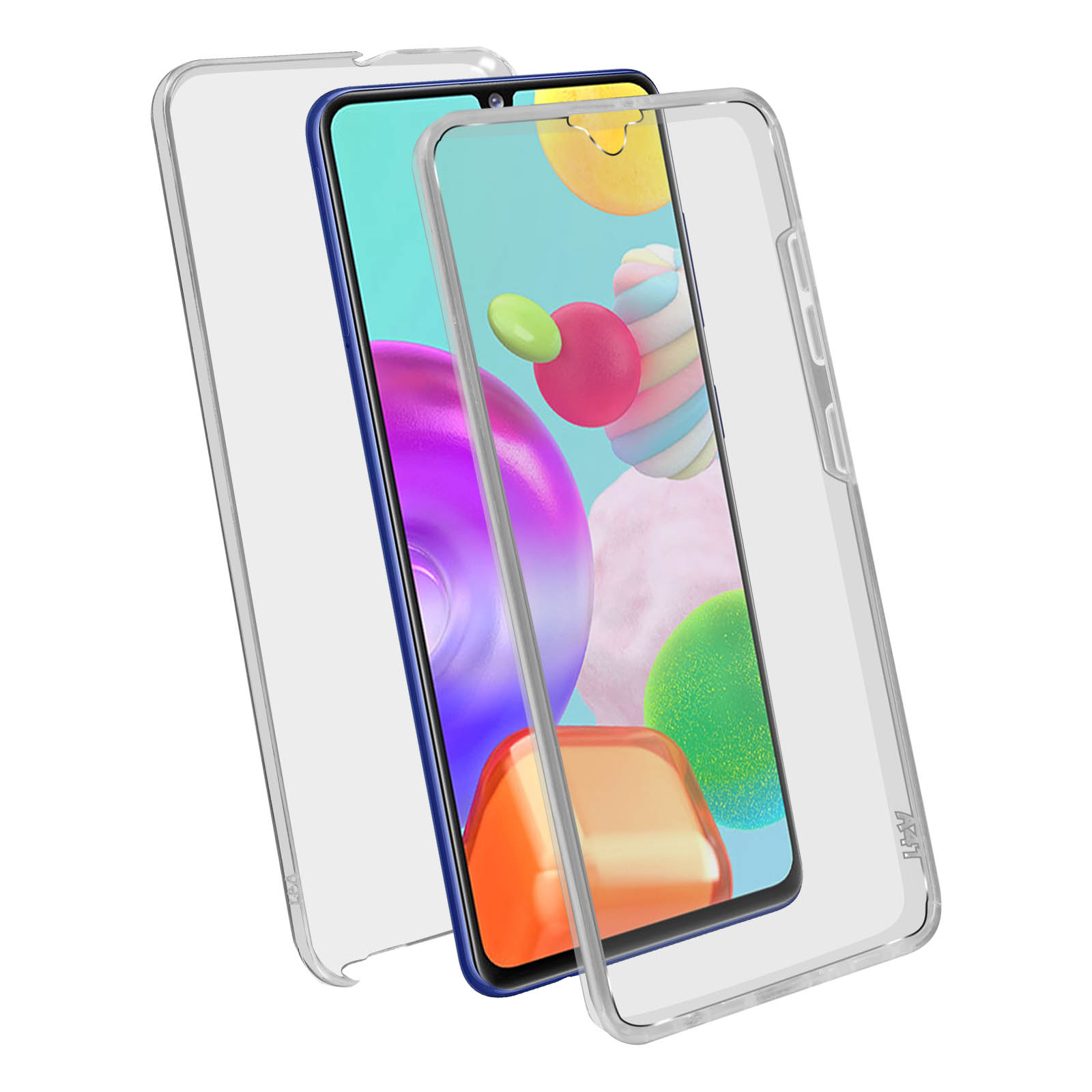 Transparante telefoonhoes op een telefoon, toont het scherm van de telefoon en een transparante achterkant.