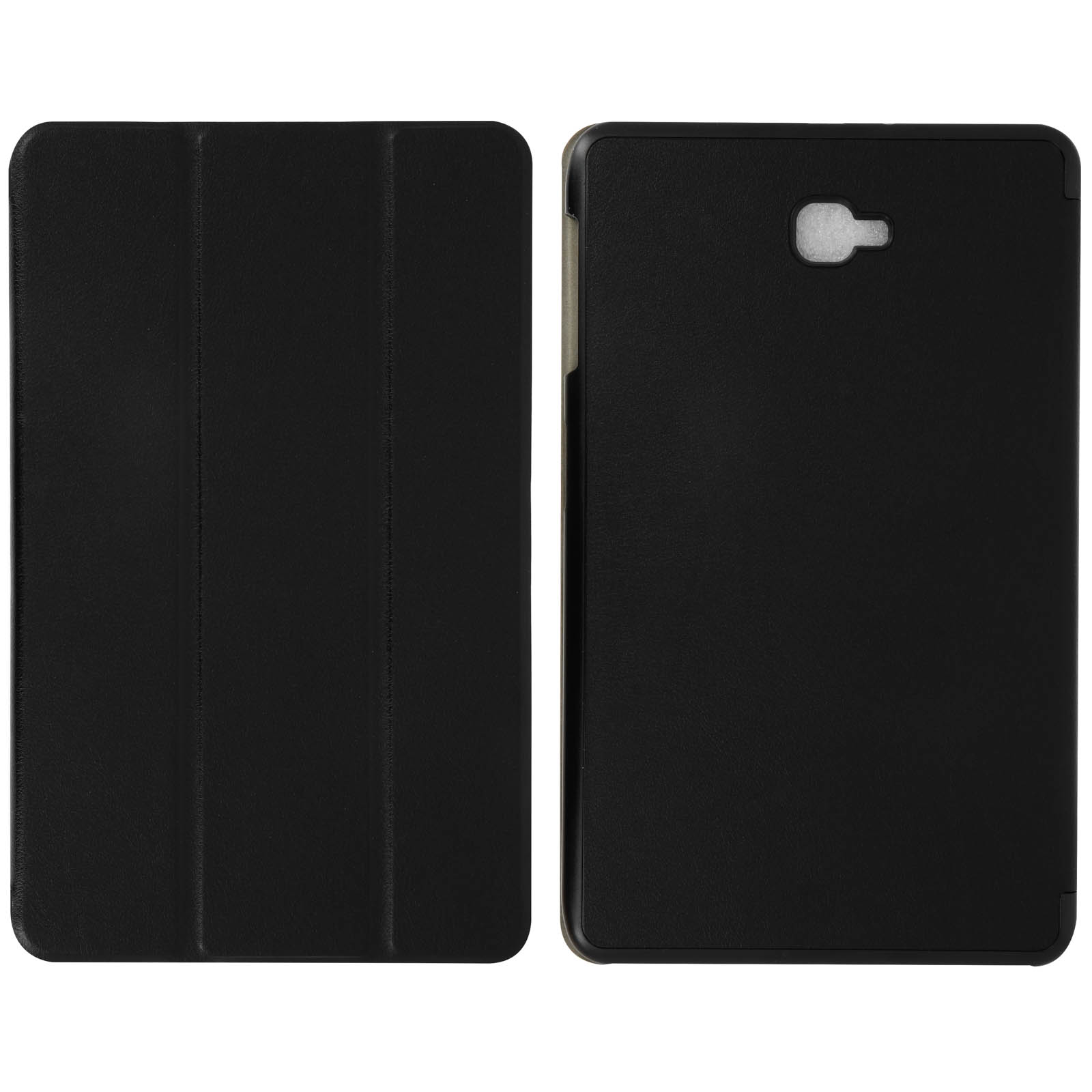 Custodia per tablet. Custodia per tablet nera, chiusa. Mostra la parte anteriore e posteriore della custodia.