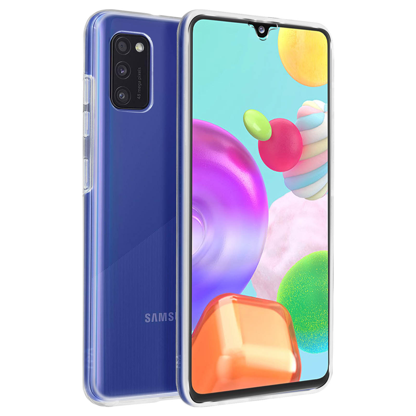 Een telefoon met een blauwe achterkant en een doorzichtig hoesje, en een telefoon met een kleurrijk scherm. Beide telefoons staan naast elkaar.
