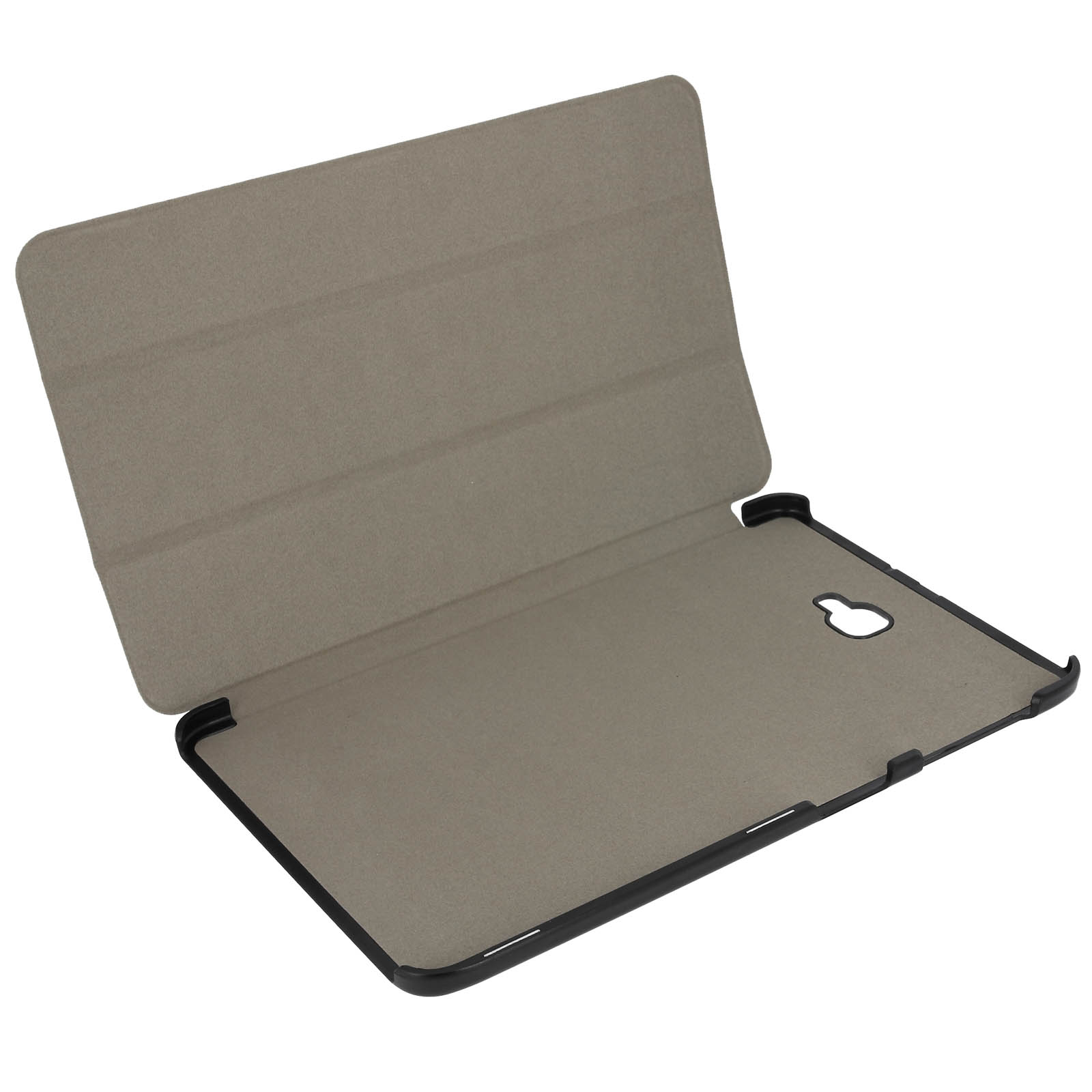 Un tablet in una custodia, aperto e appoggiato su una superficie.