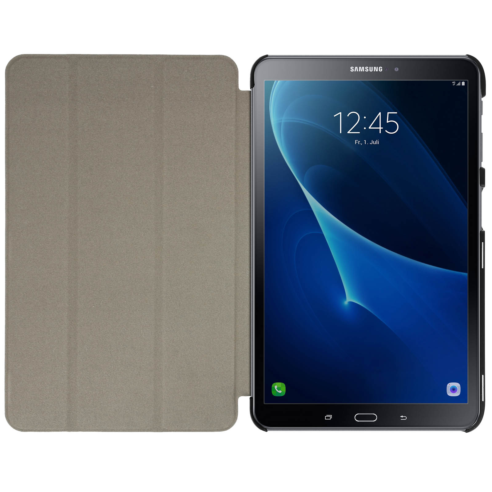Un tablet con schermo che mostra l'ora è all'interno di una custodia grigia, aperto lateralmente.