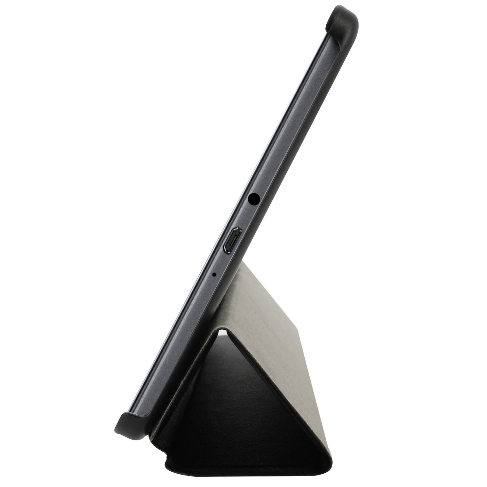 Tablet in custodia nera su supporto. Sfondo bianco.