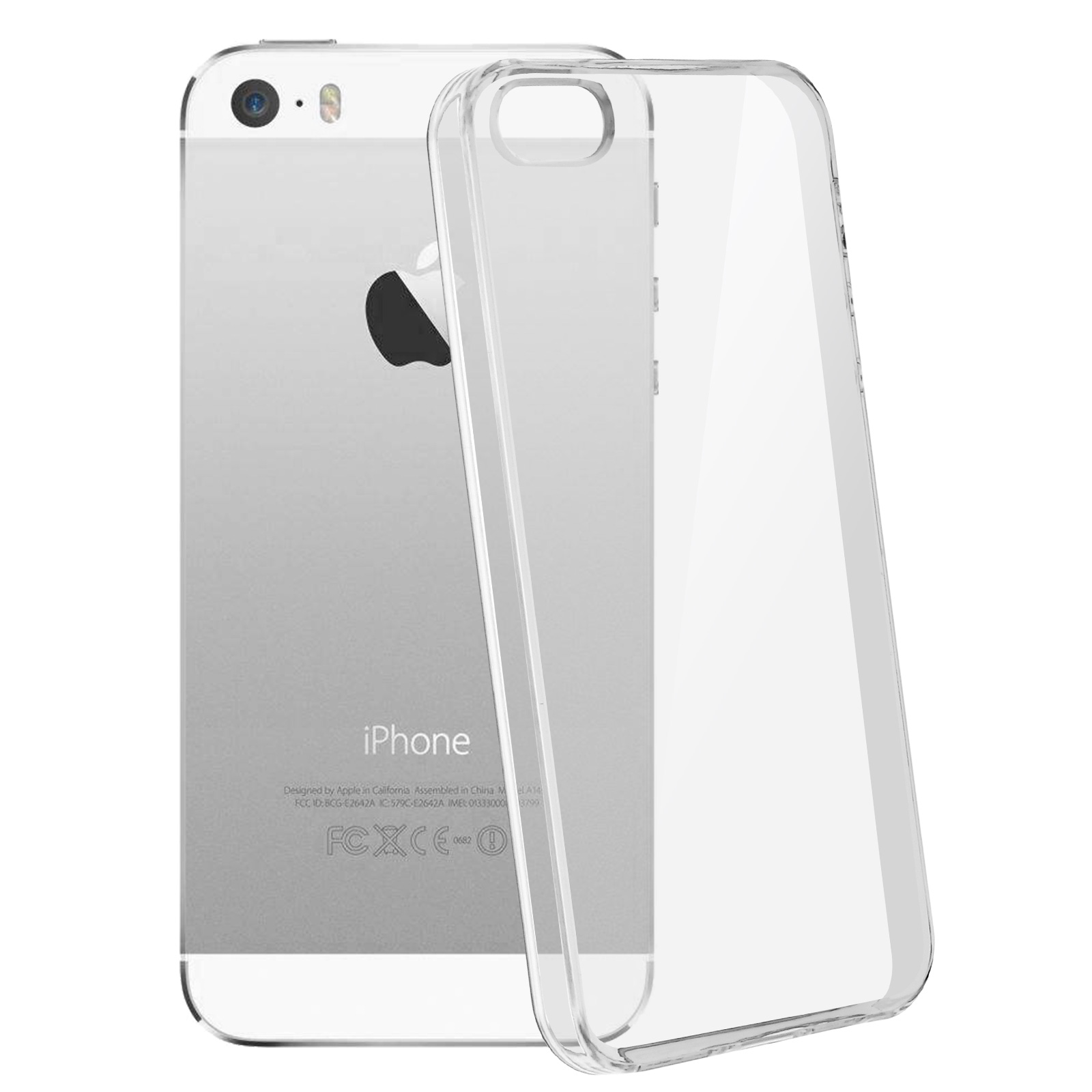 iPhone argento con custodia trasparente. La custodia è trasparente, mostrando il telefono.