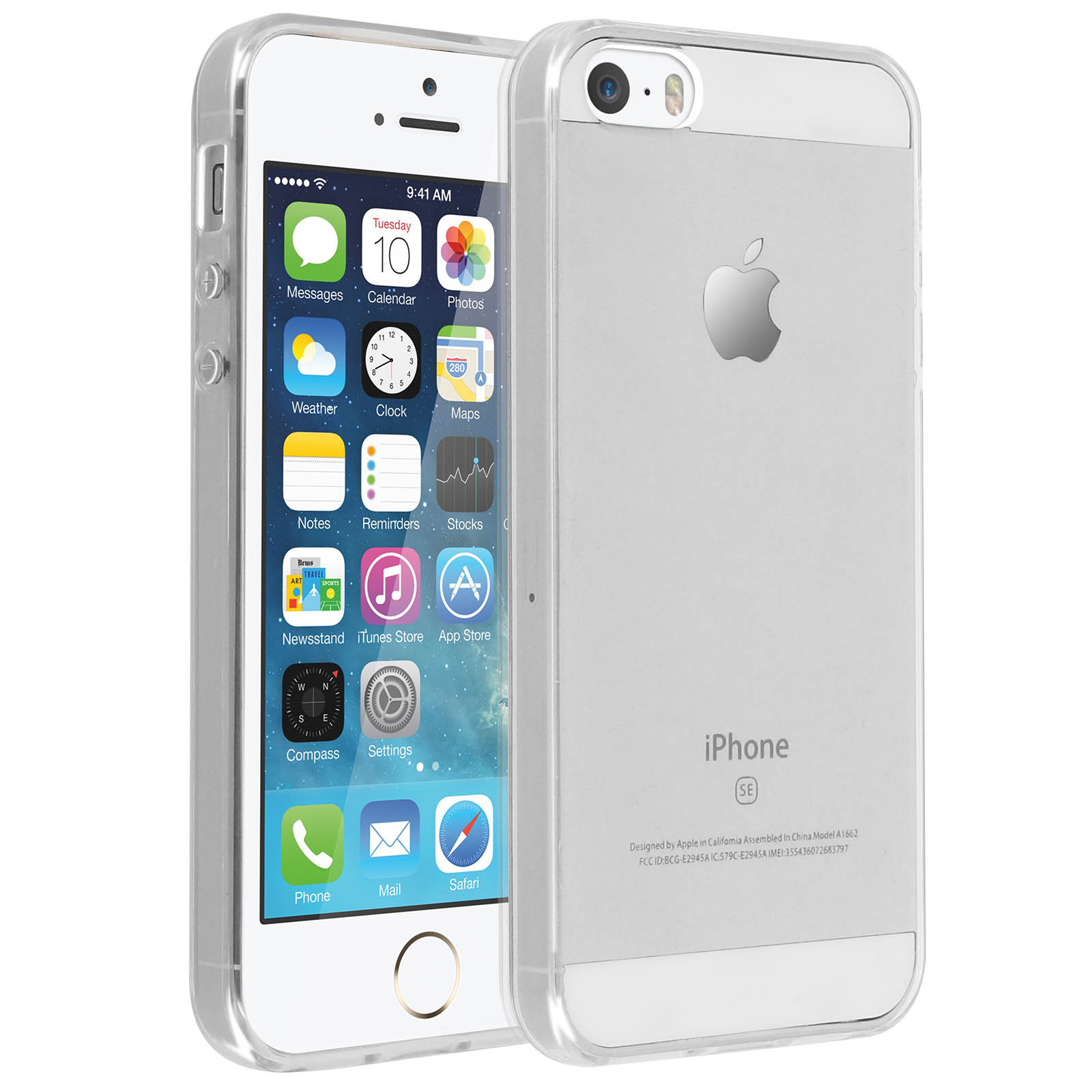 iPhone argento in custodia trasparente, schermo con icone app. Logo Apple sul retro.