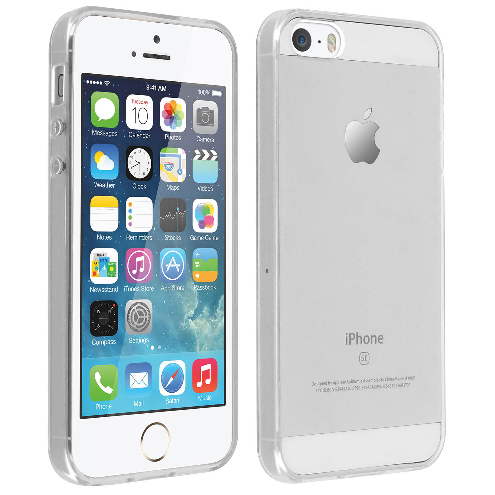 Due lati di un iPhone SE in una custodia trasparente. Il telefono è su sfondo bianco.