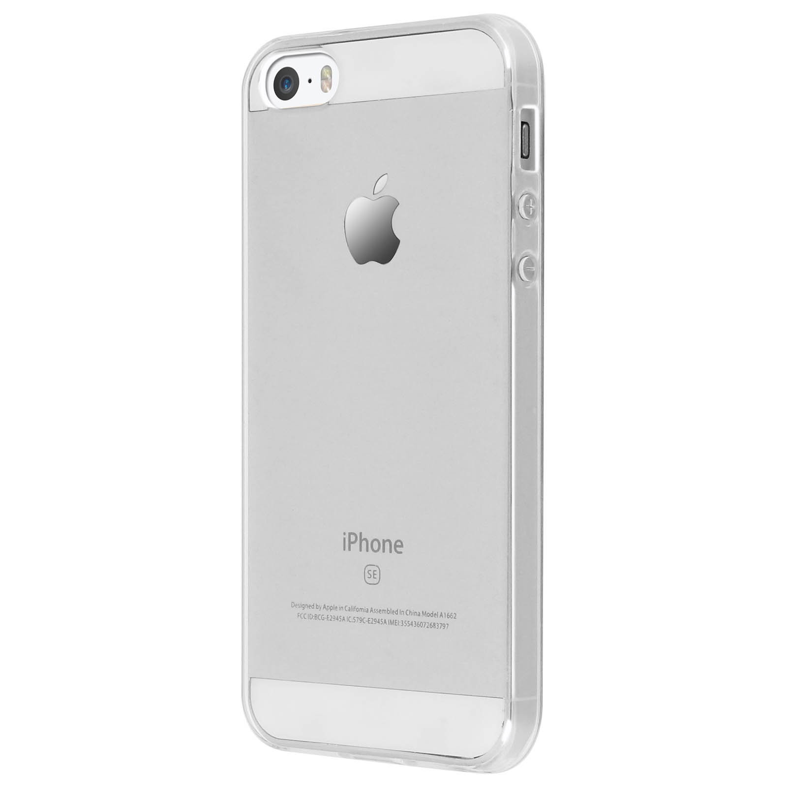 Un iPhone SE in una custodia trasparente, che mostra il logo Apple sul retro.