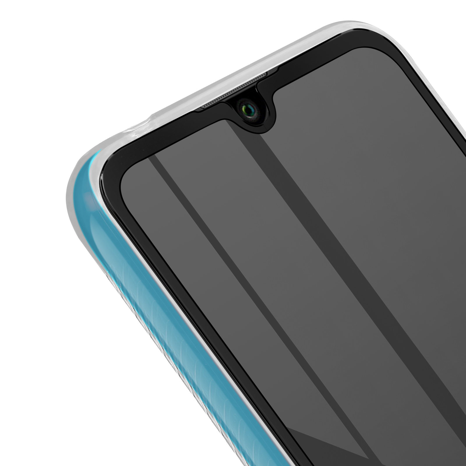 Primer plano de la pantalla de un teléfono con funda protectora, mostrando la cámara.