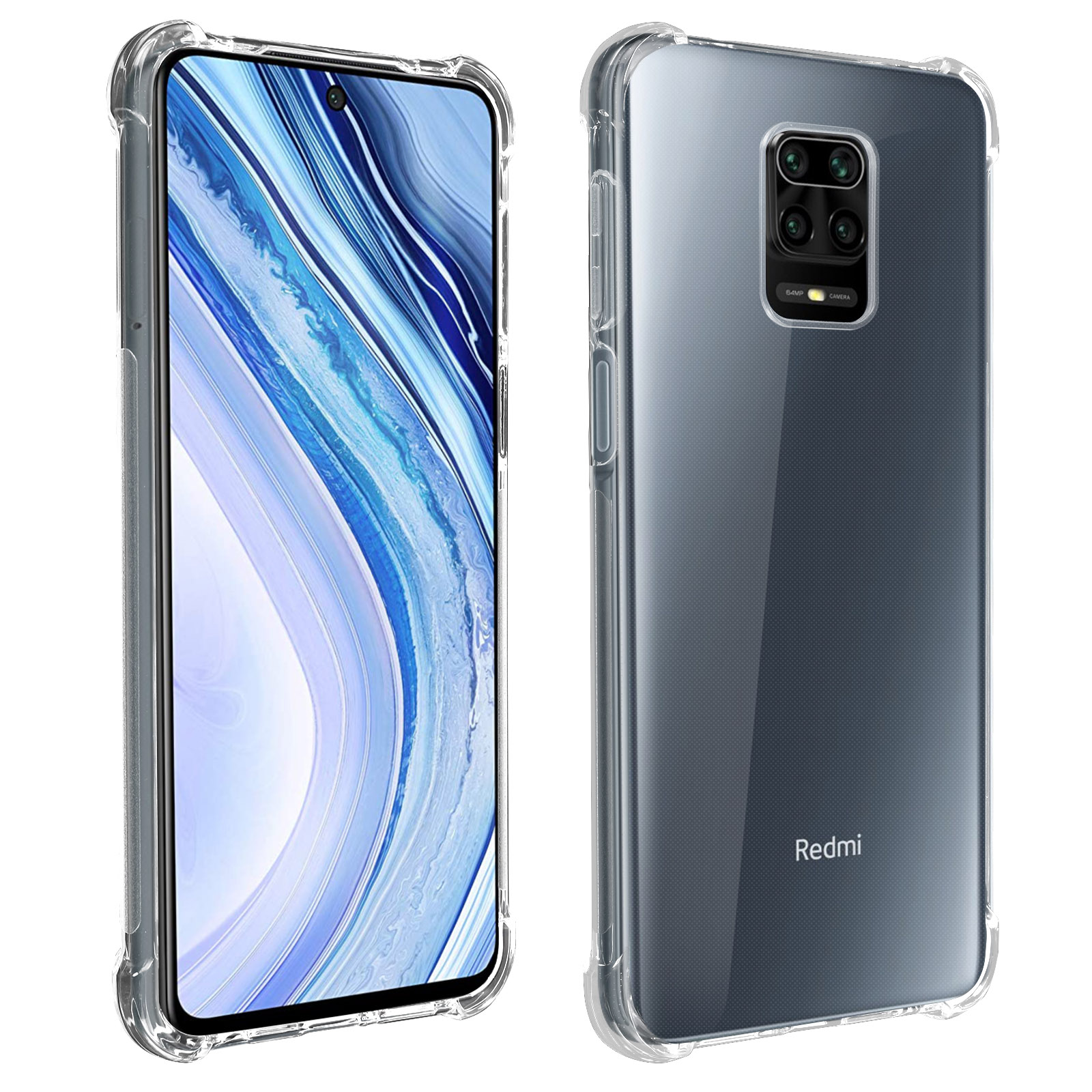 Un telefono in una custodia trasparente. Il telefono è nero, la custodia è trasparente e la fotocamera è visibile.