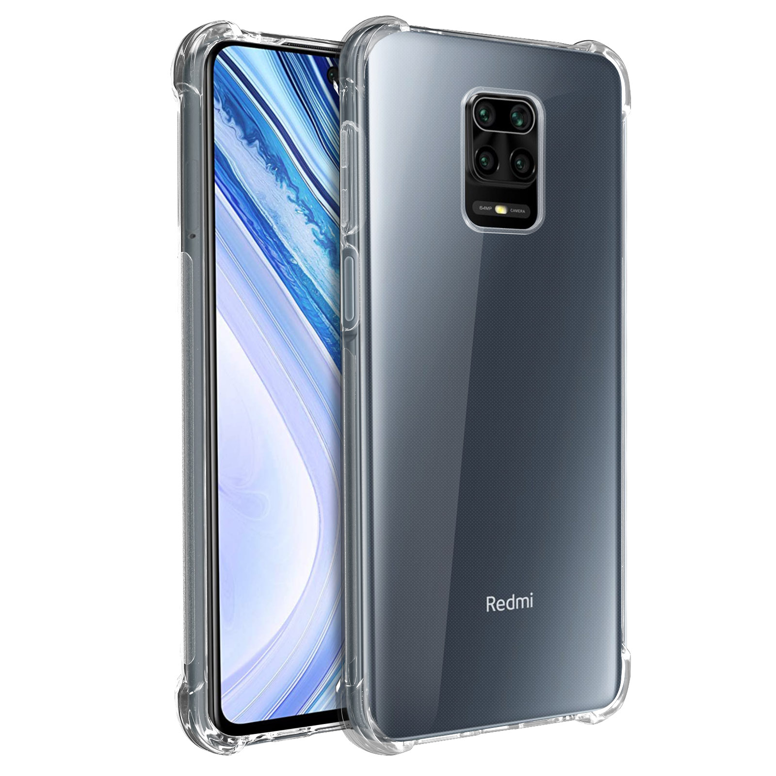 Una custodia trasparente per telefono con un telefono Redmi all'interno.