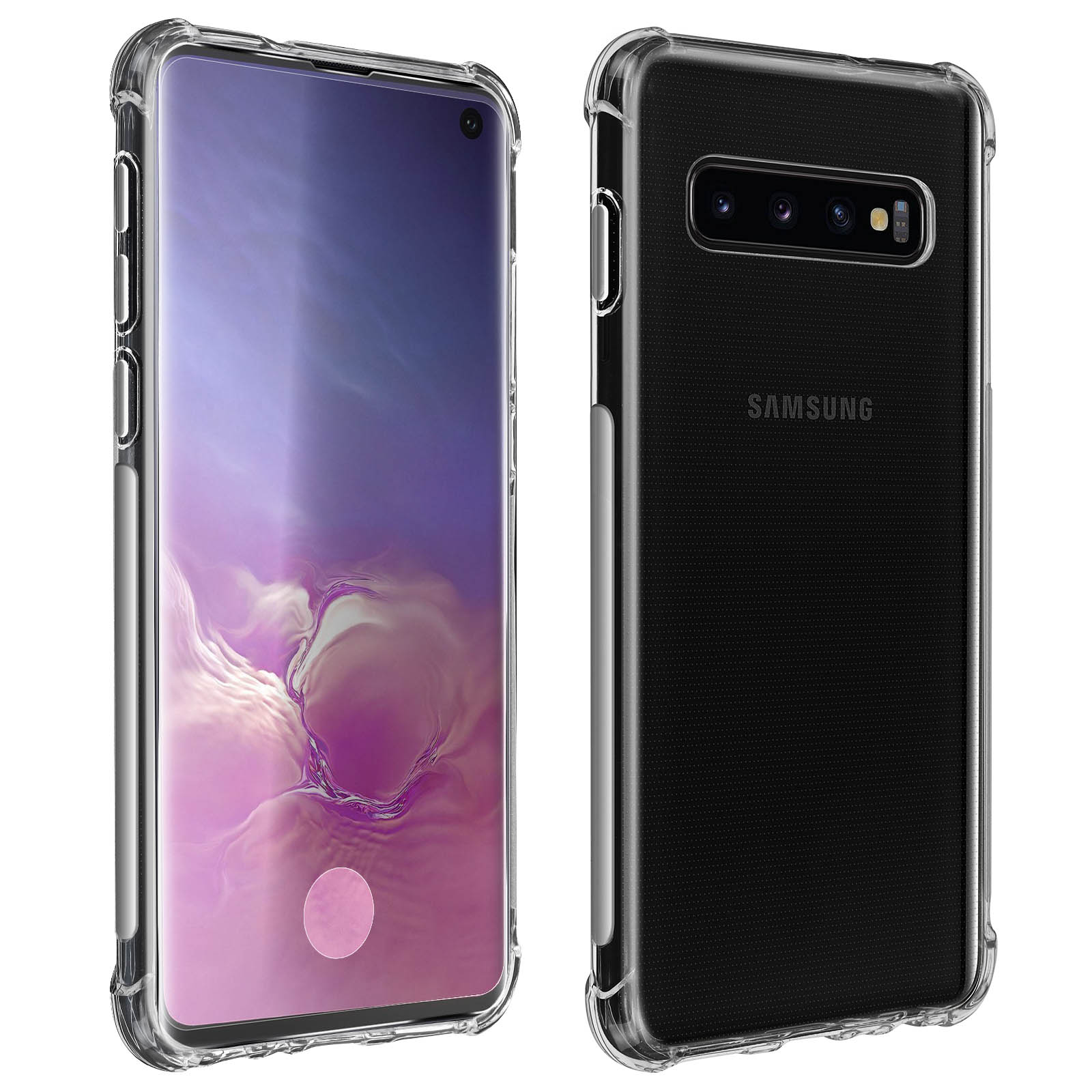Due telefoni in custodie, uno con lo schermo visibile, su sfondo bianco.