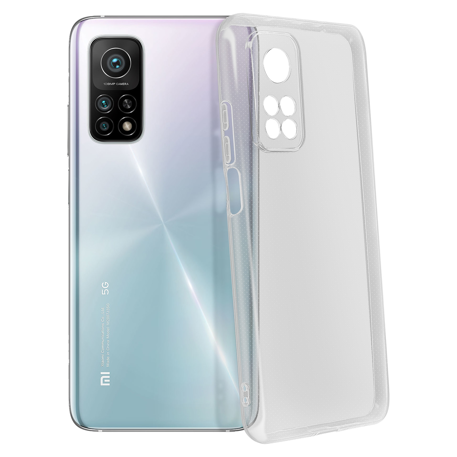 Smartphone con custodia trasparente. Il telefono ha una tripla fotocamera. Lo sfondo è bianco.
