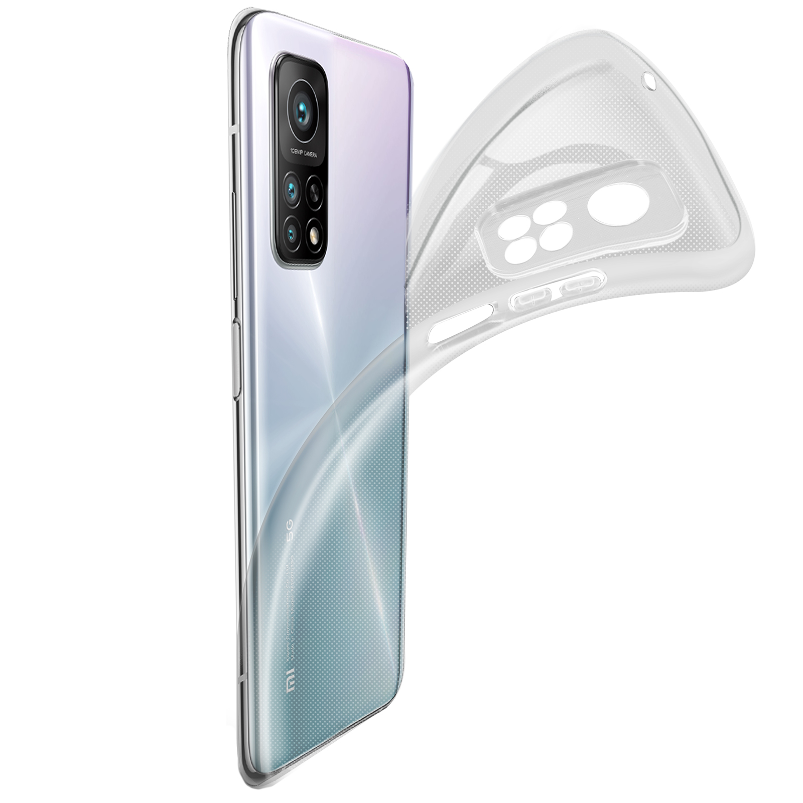 Un telefono con una custodia trasparente. La custodia è parzialmente staccata. Sfondo bianco.