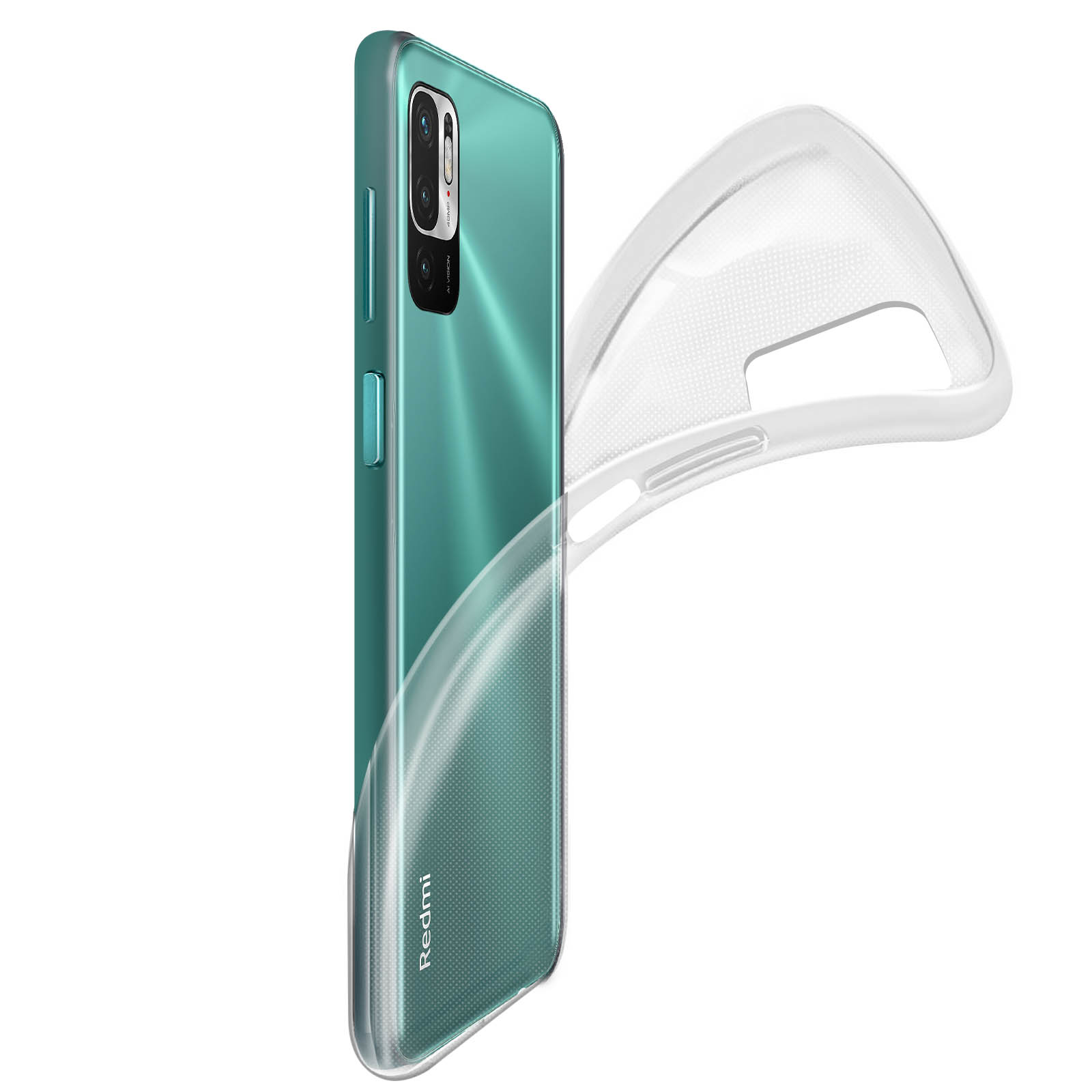 Un téléphone vert avec une coque transparente. Le téléphone est à gauche et la coque est partiellement ouverte.