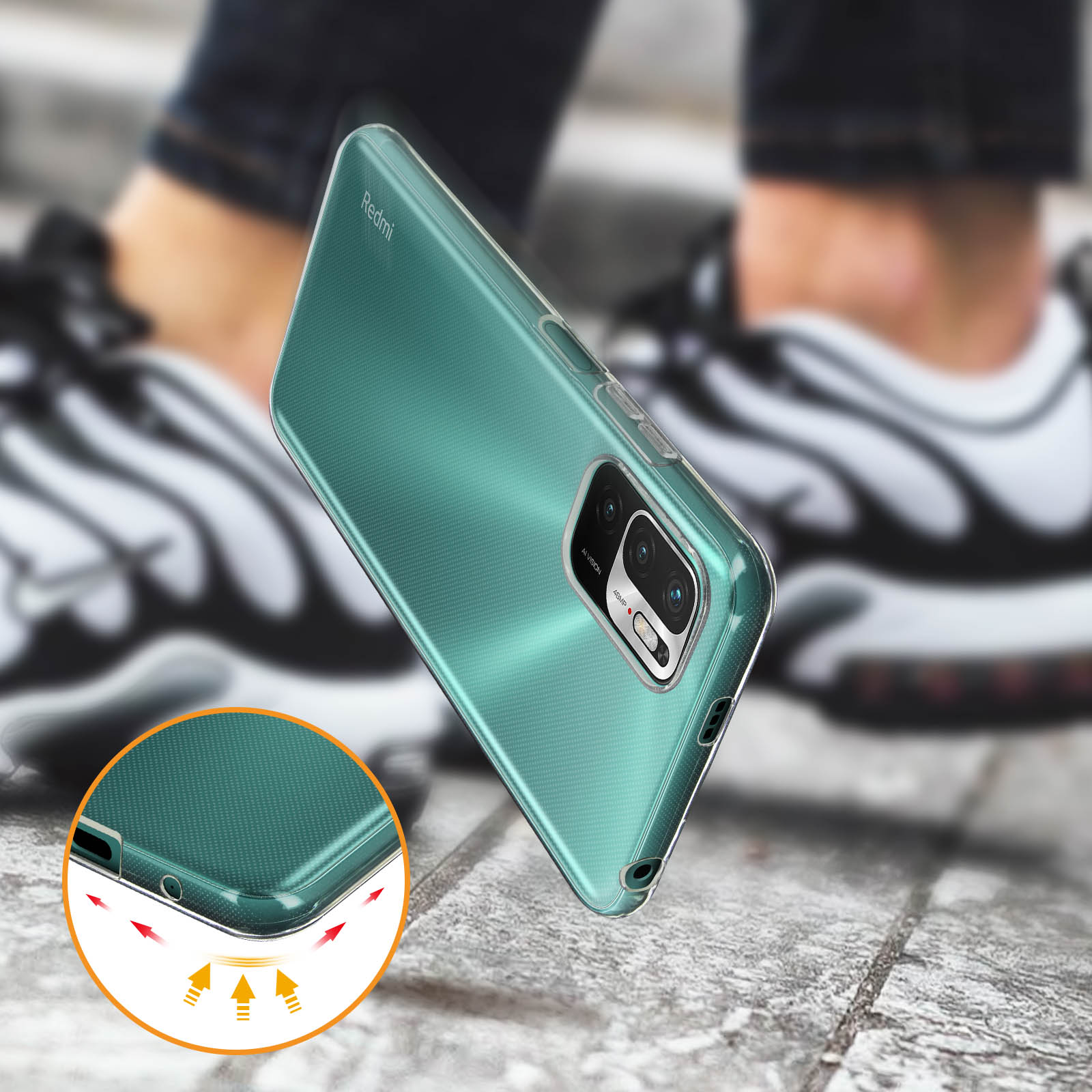 Coque de téléphone vert d'eau sur fond de jambes et de chaussures.