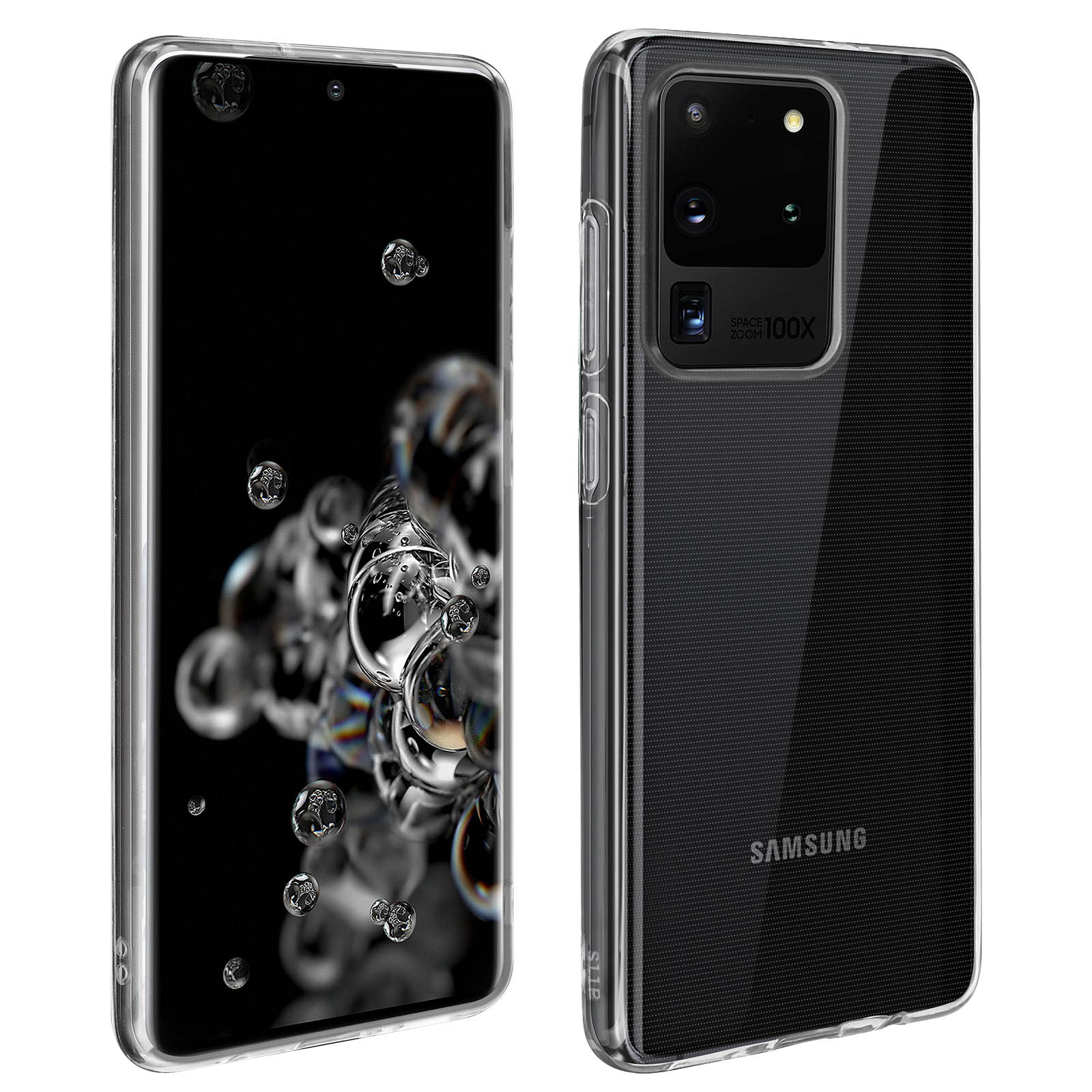 Telefono Samsung con custodia trasparente. Mostra bolle e un primo piano.