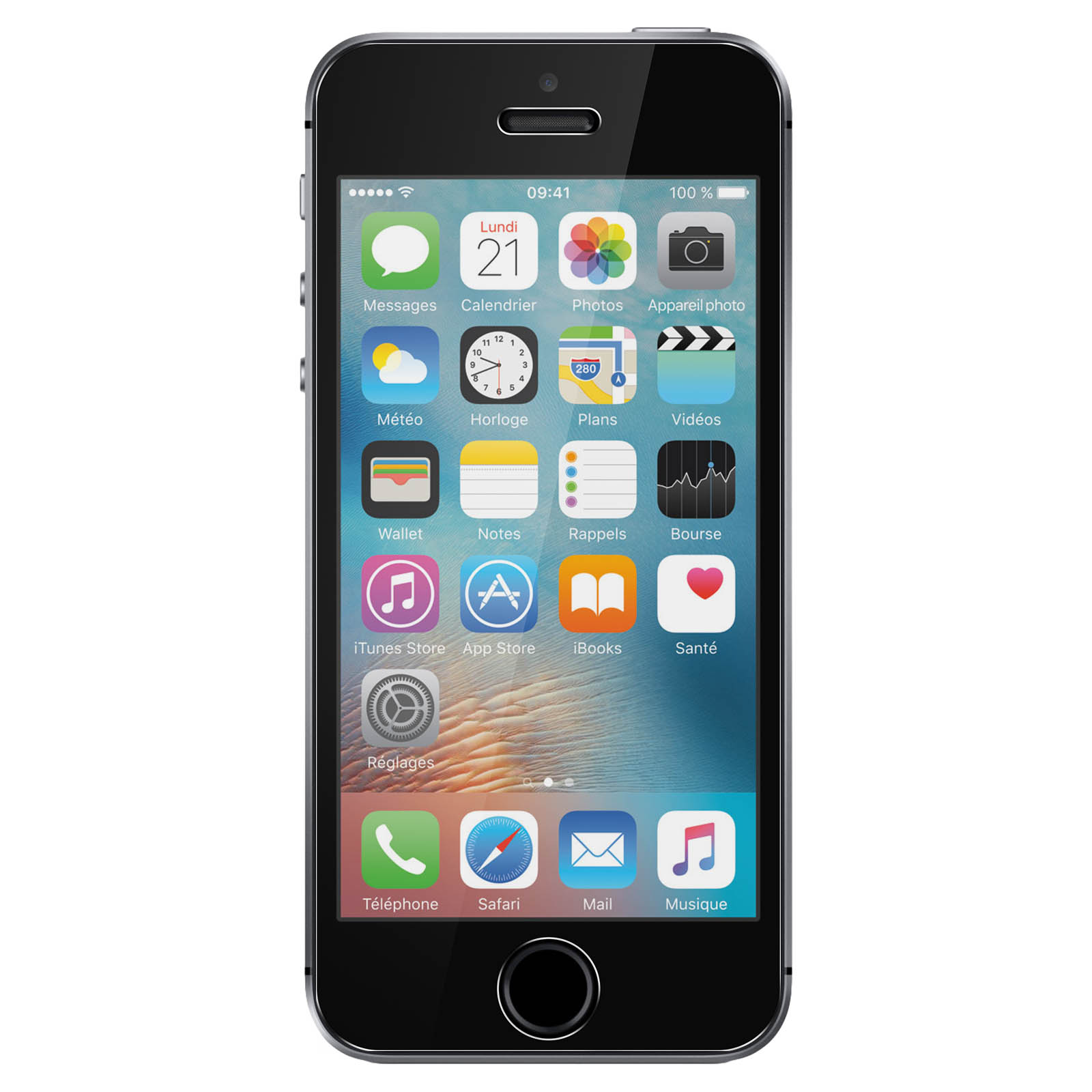Un iPhone noir avec un écran affichant des icônes d'applications sur fond blanc.