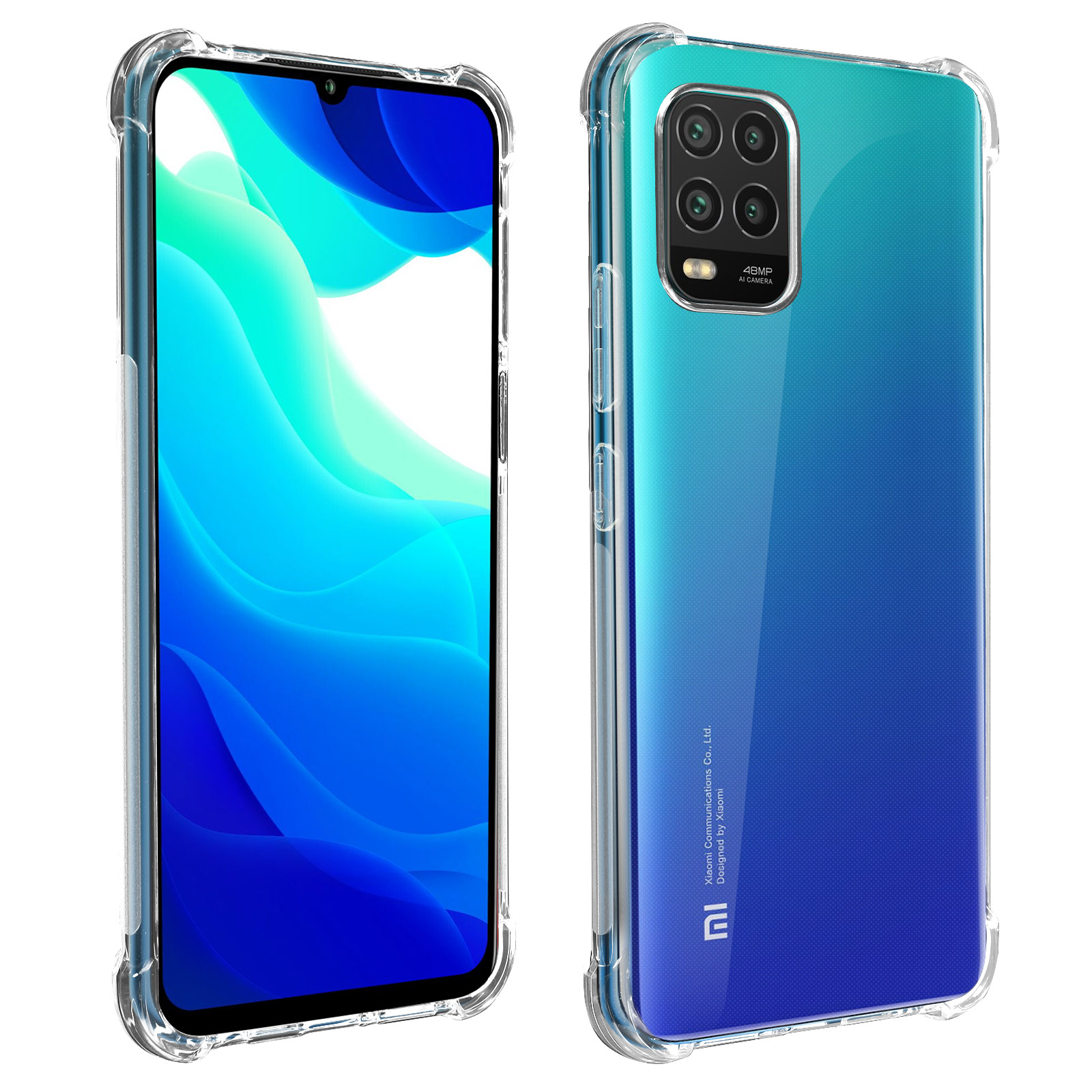 Uno smartphone in una custodia trasparente su sfondo bianco, che mostra la parte anteriore e posteriore.