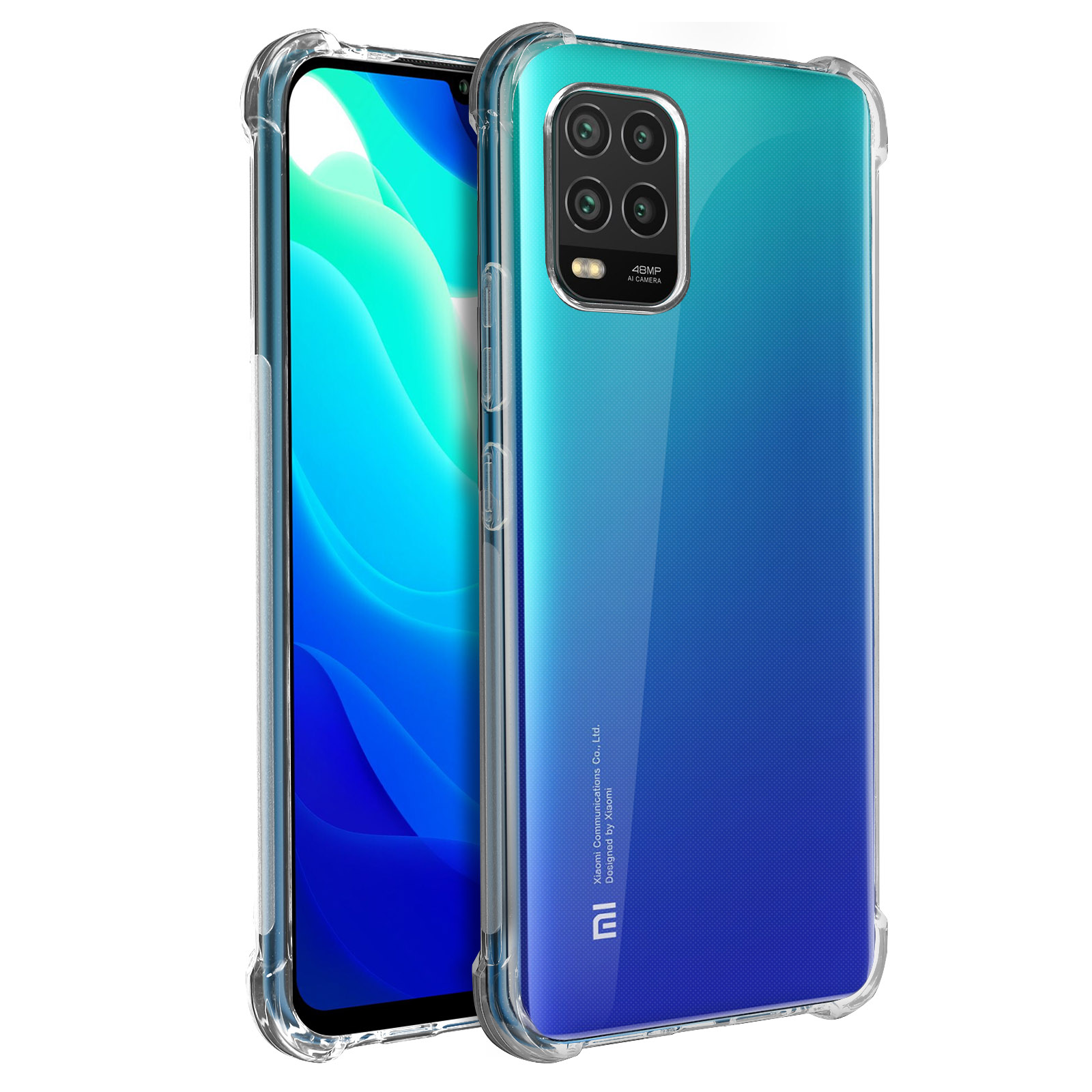Uno smartphone con una custodia trasparente, che mostra la sua fotocamera e il suo schermo.