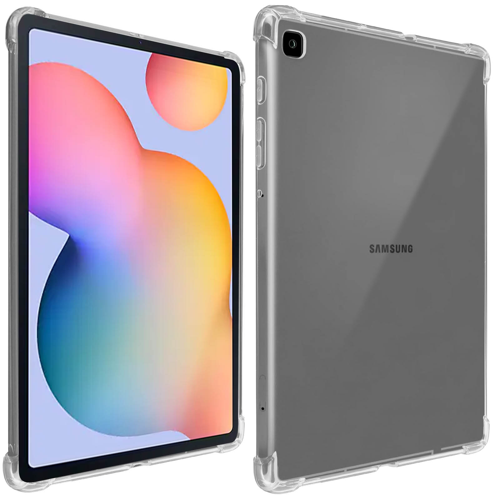 Transparente Hülle auf Tablet, zeigt die Rückseite und die Seite. Weißer Hintergrund.