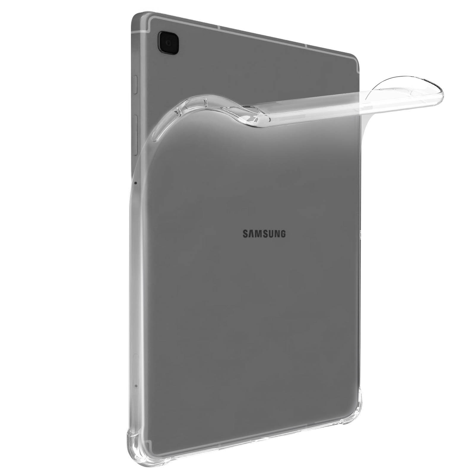 Ein Tablet mit klarer Hülle, schräg gehalten. Das Samsung-Logo ist sichtbar.