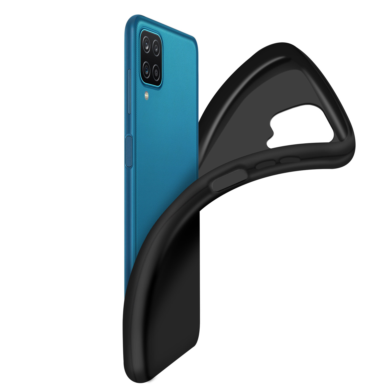 Blaues Telefon mit schwarzer Hülle. Die Hülle ist abgezogen und zeigt die Textur.
