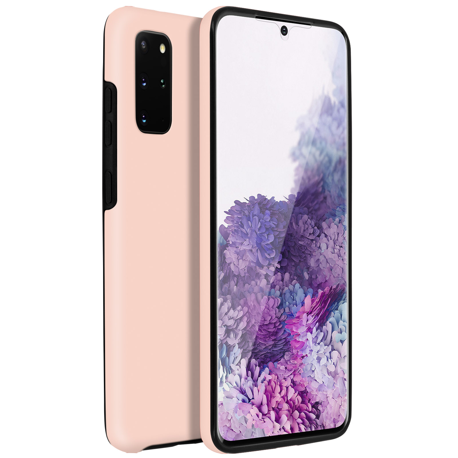 Deux téléphones, un rose, un noir, avec une coque, en biais, sur fond blanc. Le fond est blanc.