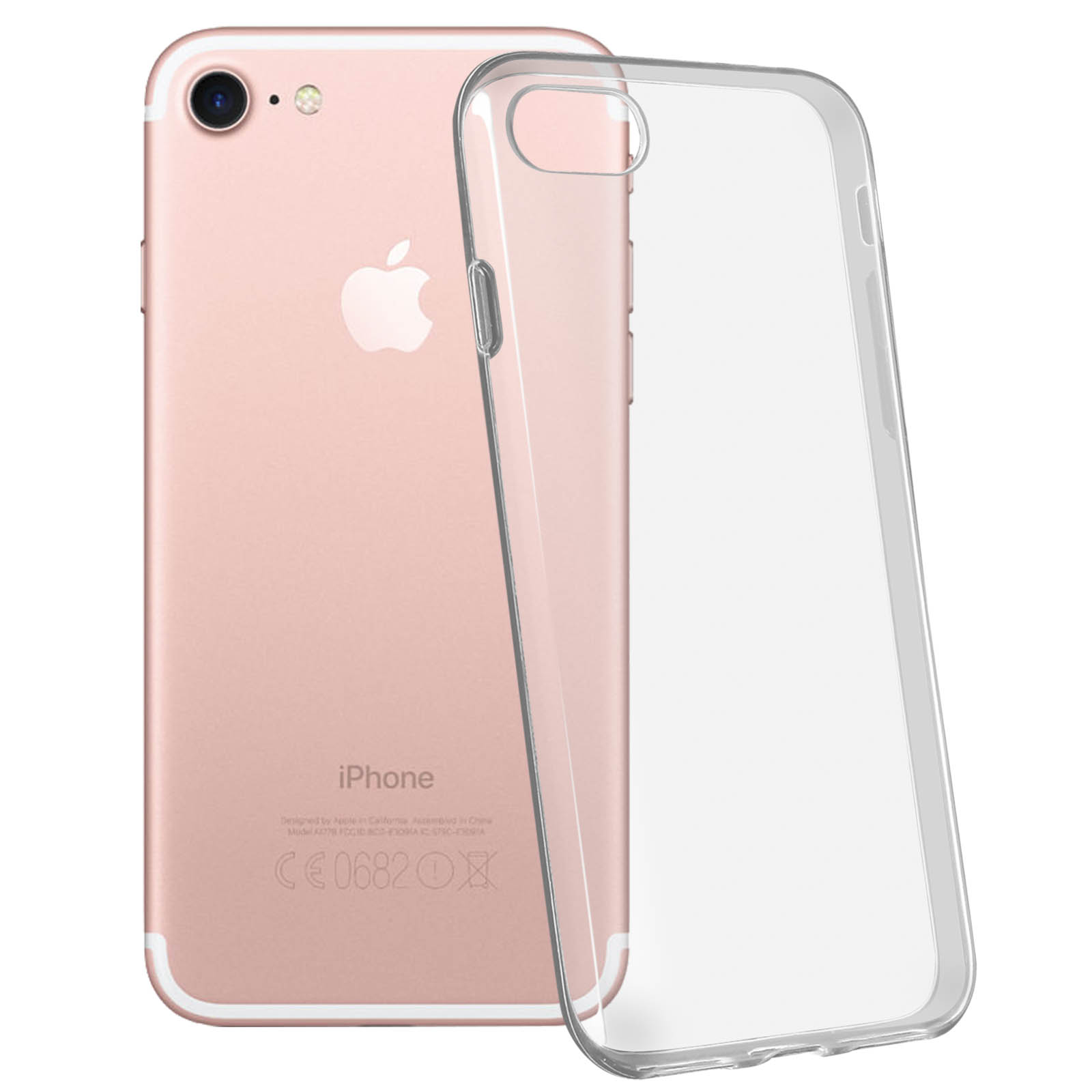 iPhone rosa con custodia trasparente. La custodia è di lato. Sfondo bianco.