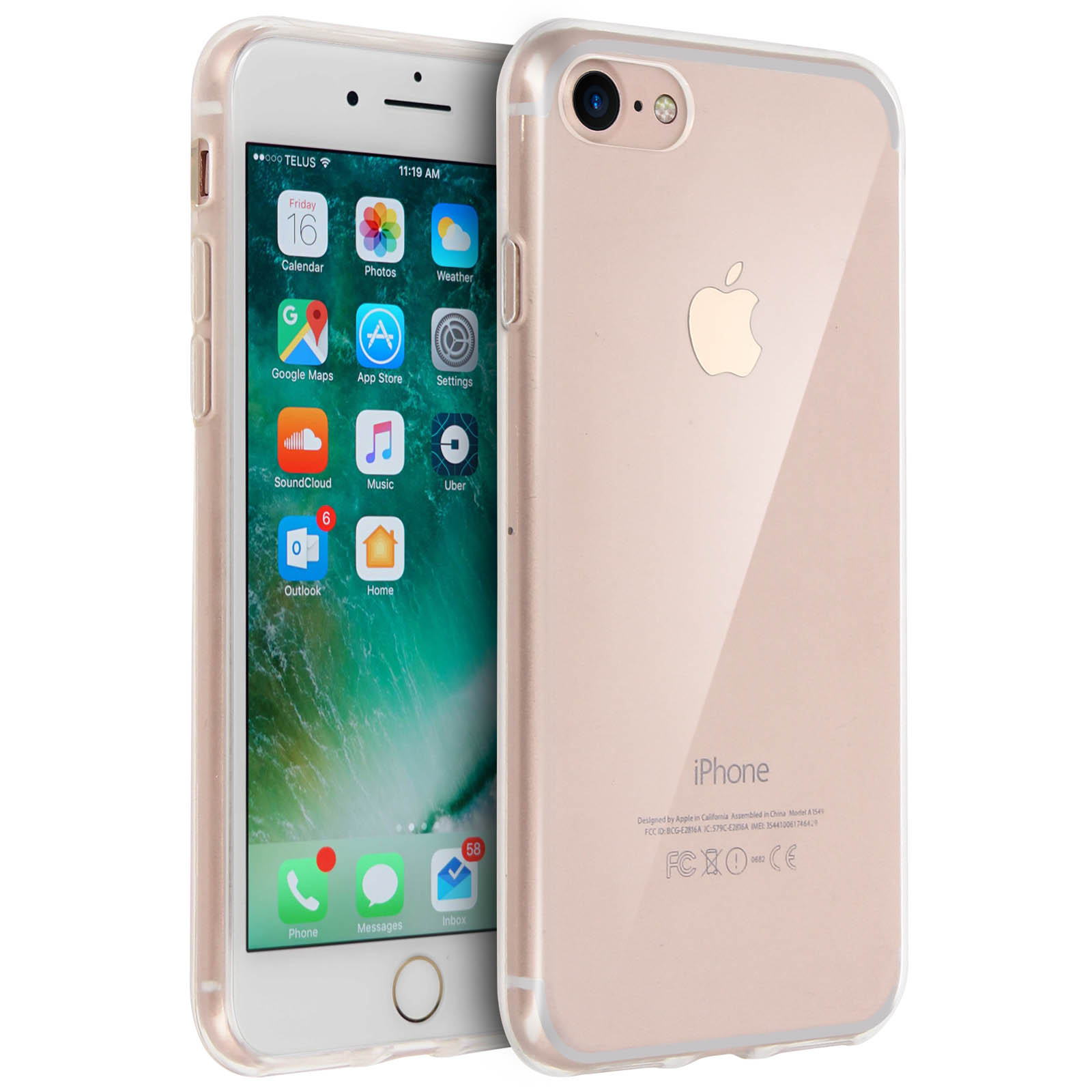 iPhone con custodia. Telefono oro rosa, custodia trasparente. Schermo home con icone.