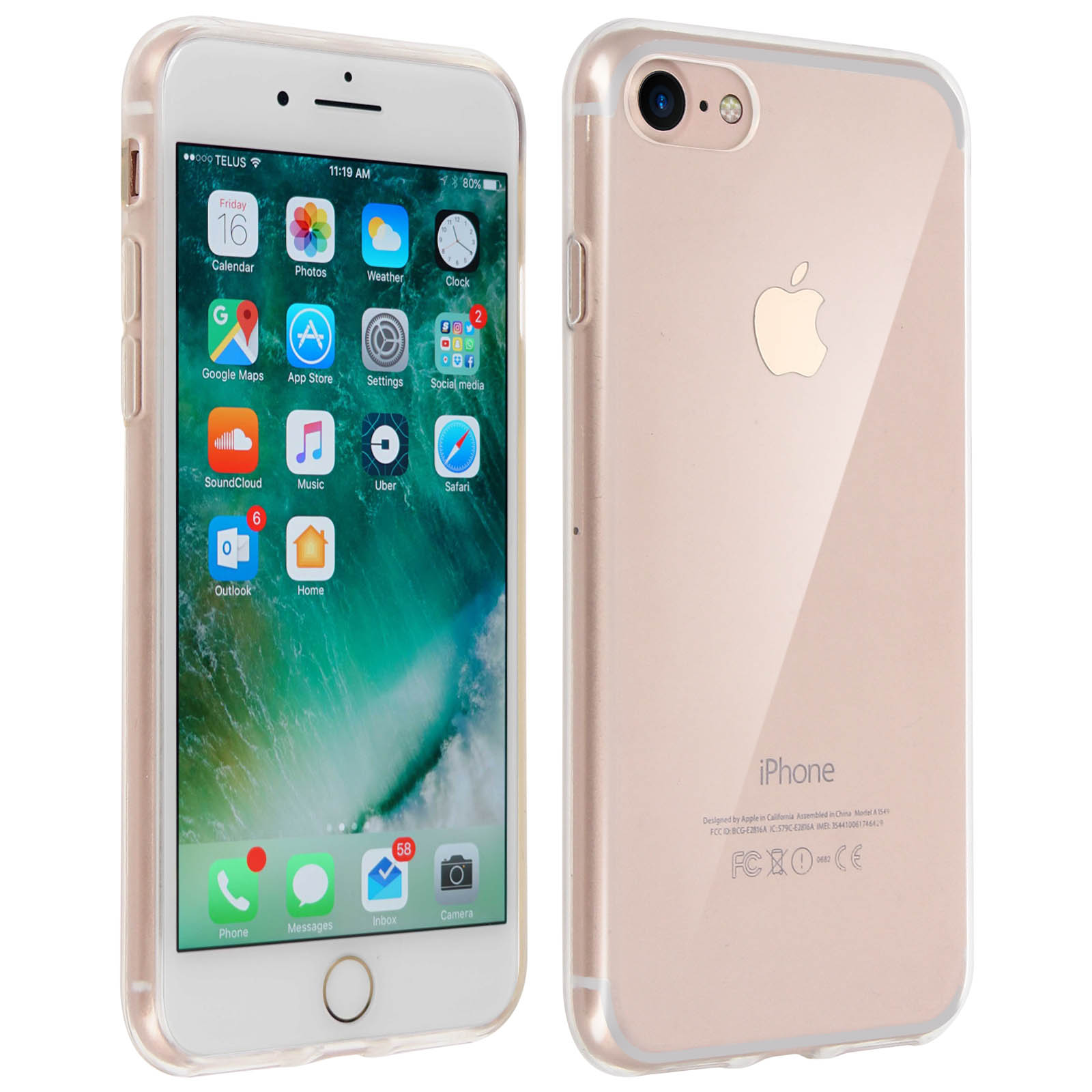 Un iPhone con una custodia trasparente, che mostra il design e lo schermo del telefono.