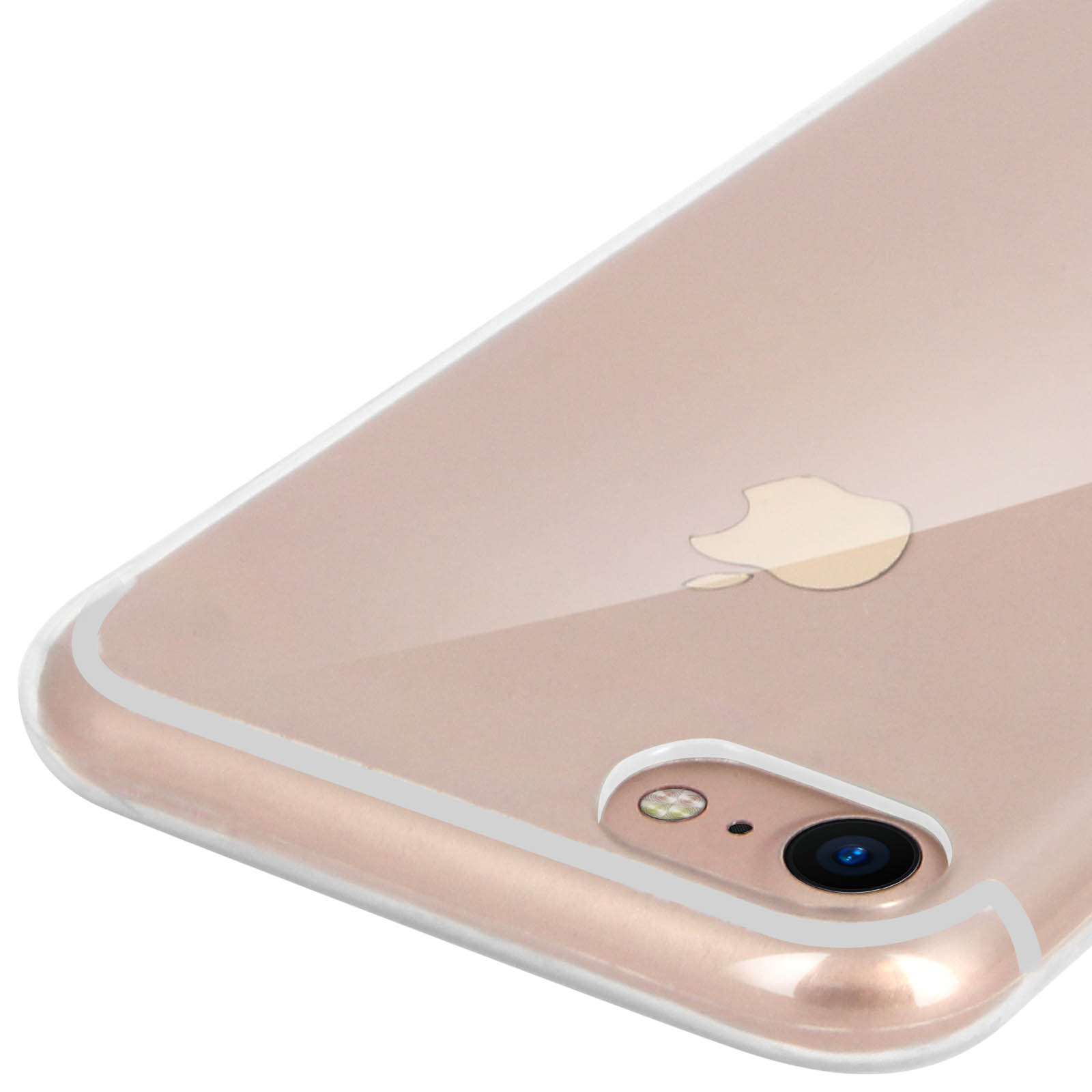 Primo piano di un iPhone dorato con custodia trasparente, obiettivo della fotocamera visibile.