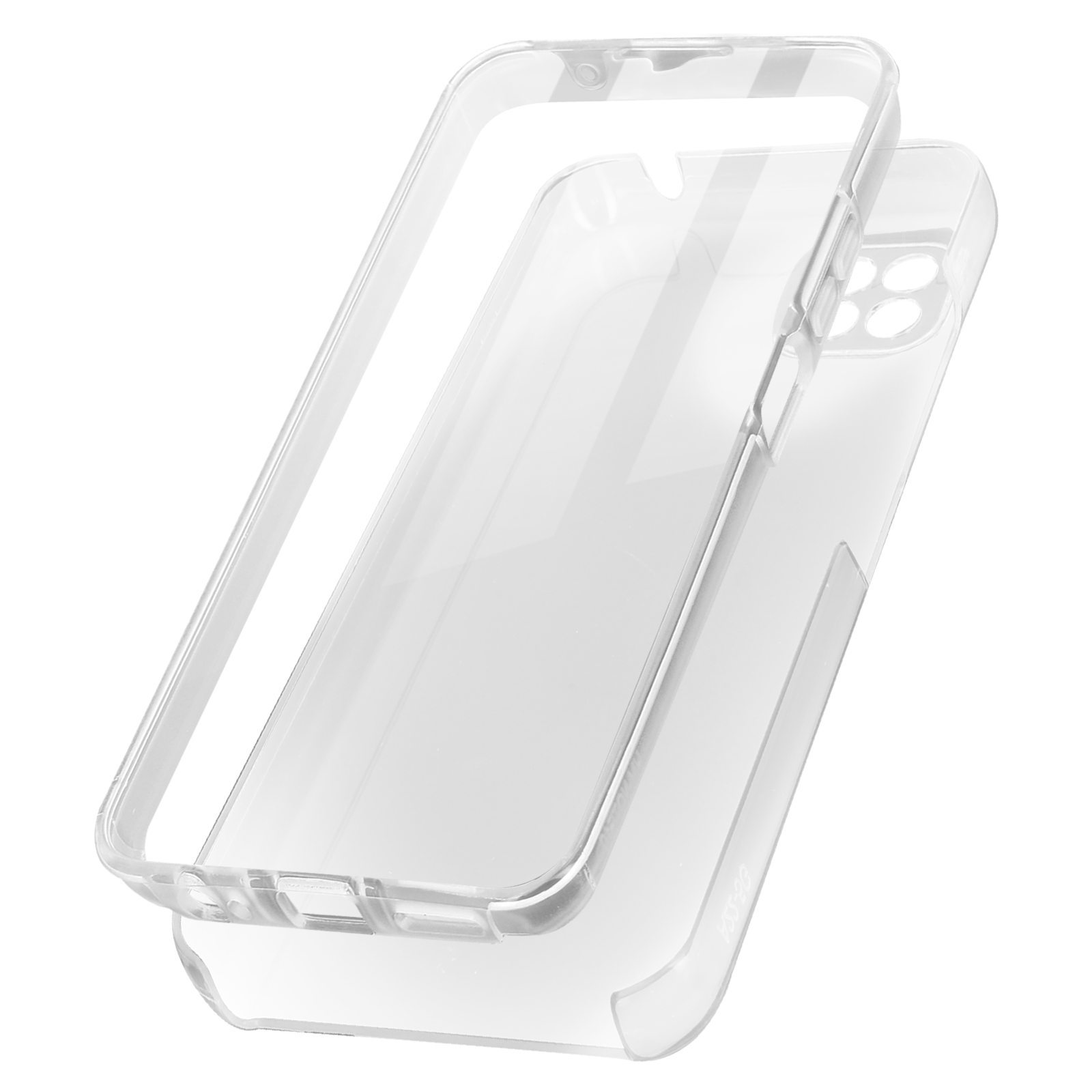 Une coque de téléphone transparente avec un protecteur d'écran. La coque est transparente et le protecteur est également transparent.