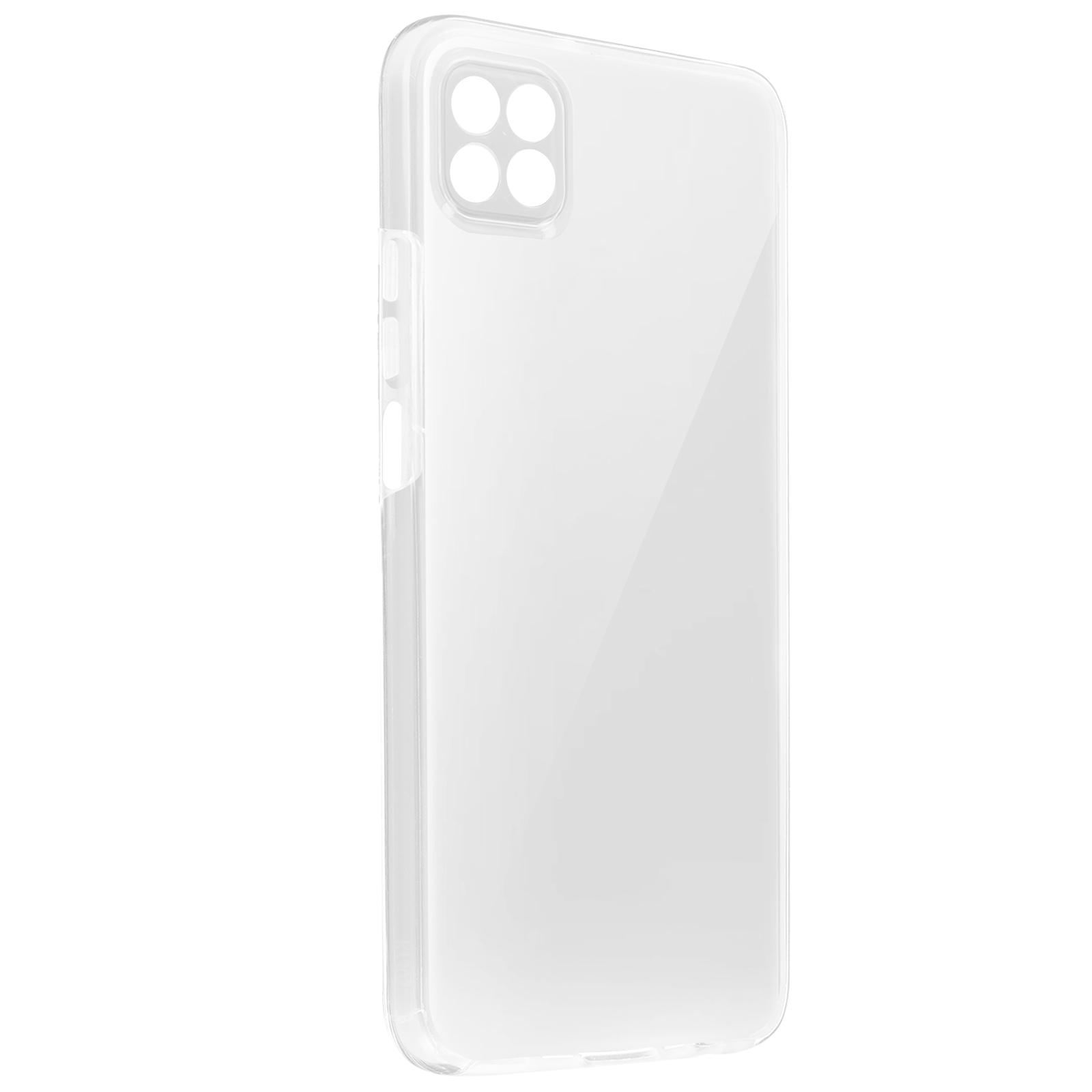 Coque de téléphone transparente. Découpe caméra et boutons latéraux, fond blanc.