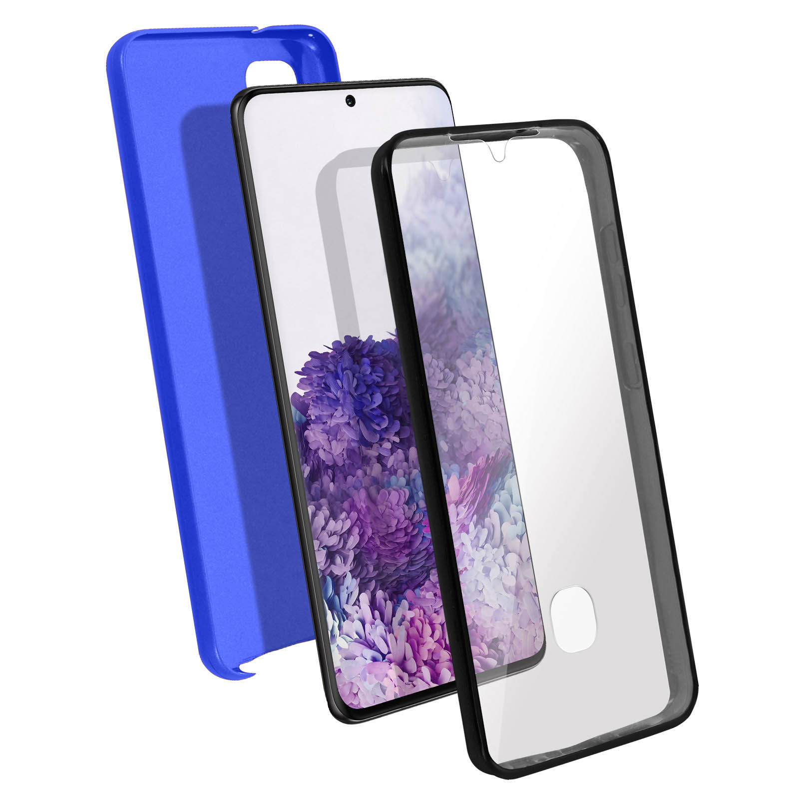 Pellicola protettiva per schermo del cellulare, un telefono e una custodia blu. Schermo del telefono mostra fiori viola.