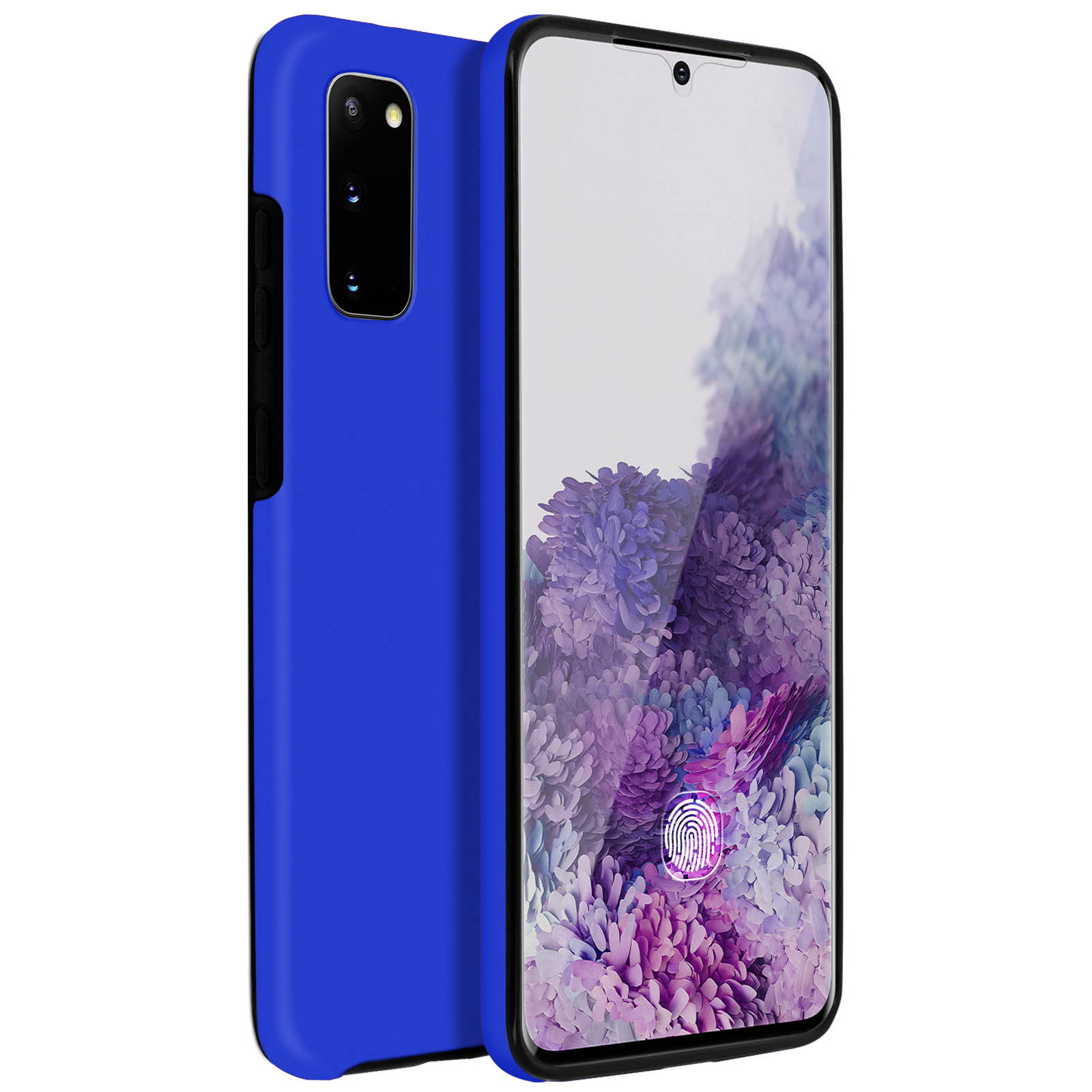 Telefono blu con fotocamera nera e cornice nera. Lo schermo mostra un motivo viola.